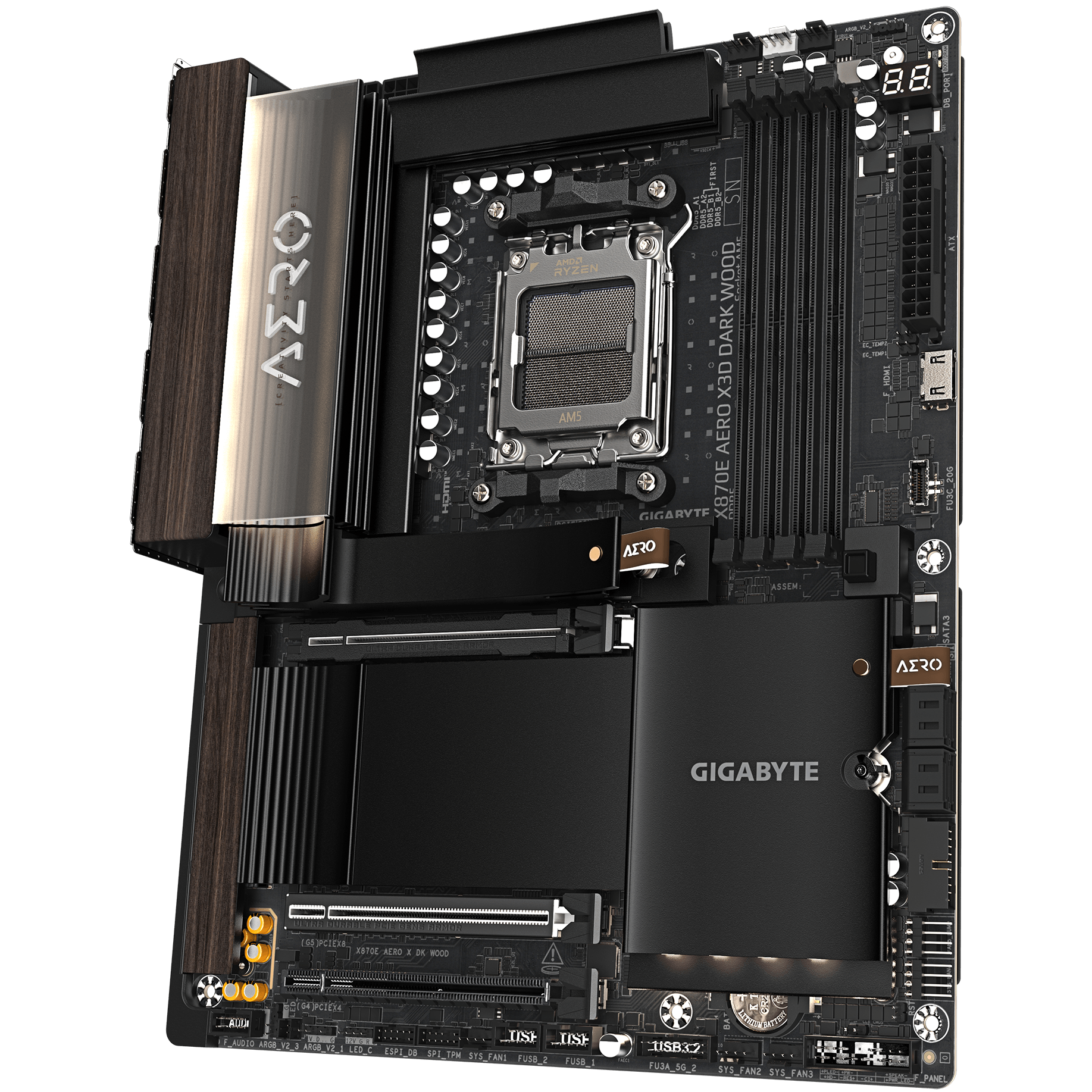 A large main feature product image of Gigabyte X870E Aero X3D Dark Wood AM5 ATX Desktop Motherboard
