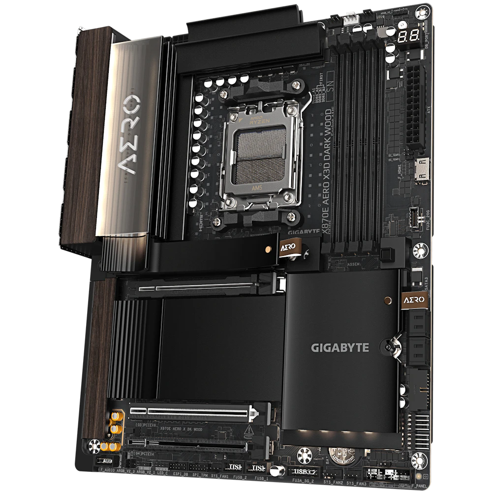 A large main feature product image of Gigabyte X870E Aero X3D Dark Wood AM5 ATX Desktop Motherboard