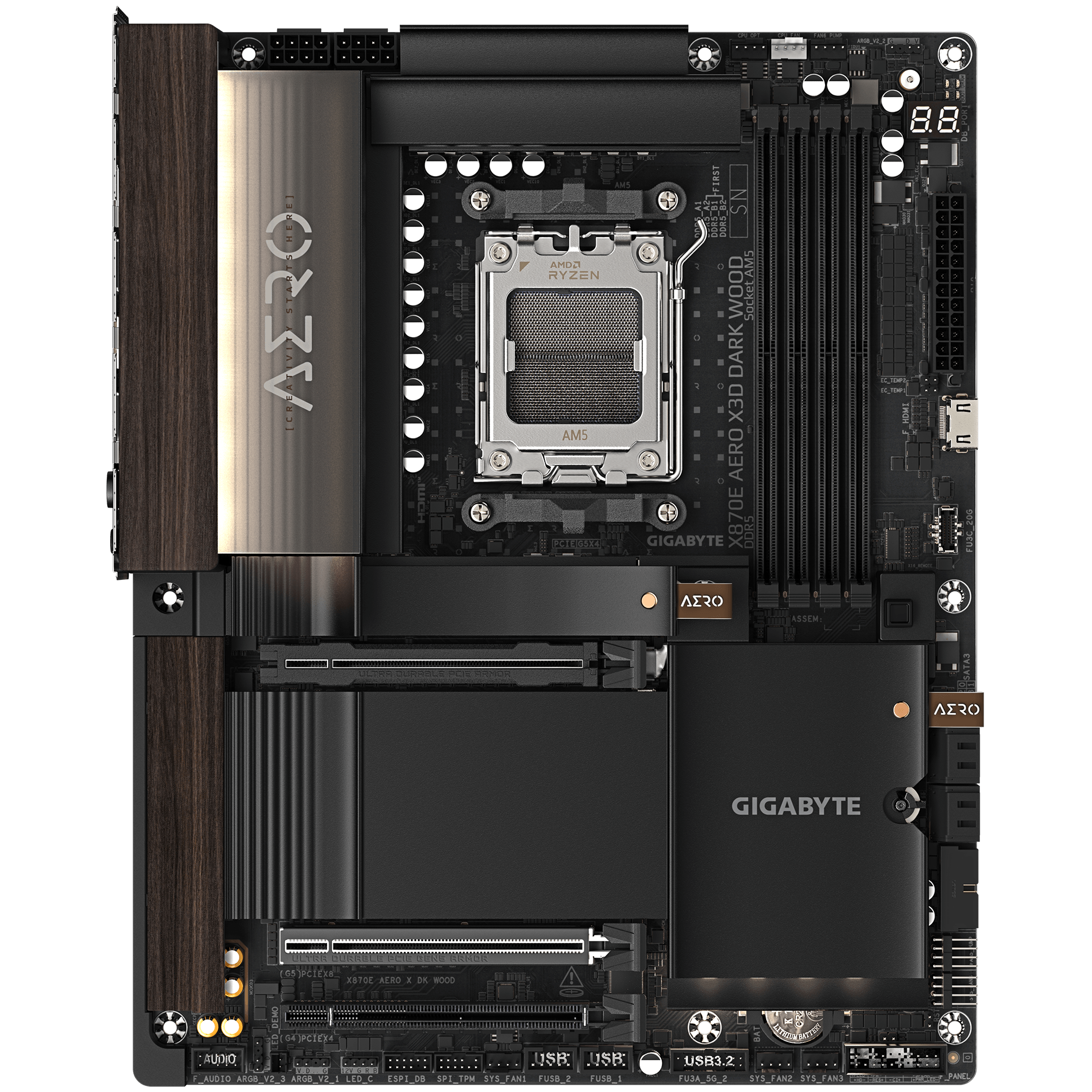 A large main feature product image of Gigabyte X870E Aero X3D Dark Wood AM5 ATX Desktop Motherboard
