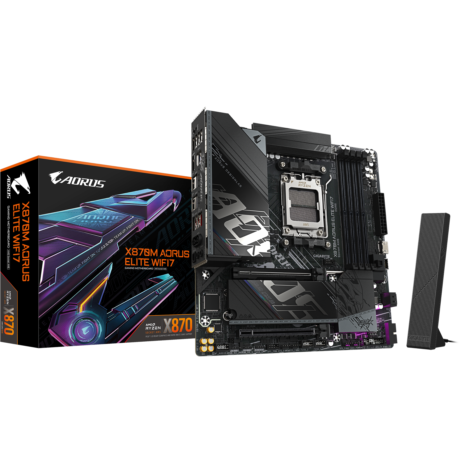 A large main feature product image of Gigabyte X870M Aorus Elite WiFi7 AM5 mATX Desktop Motherboard