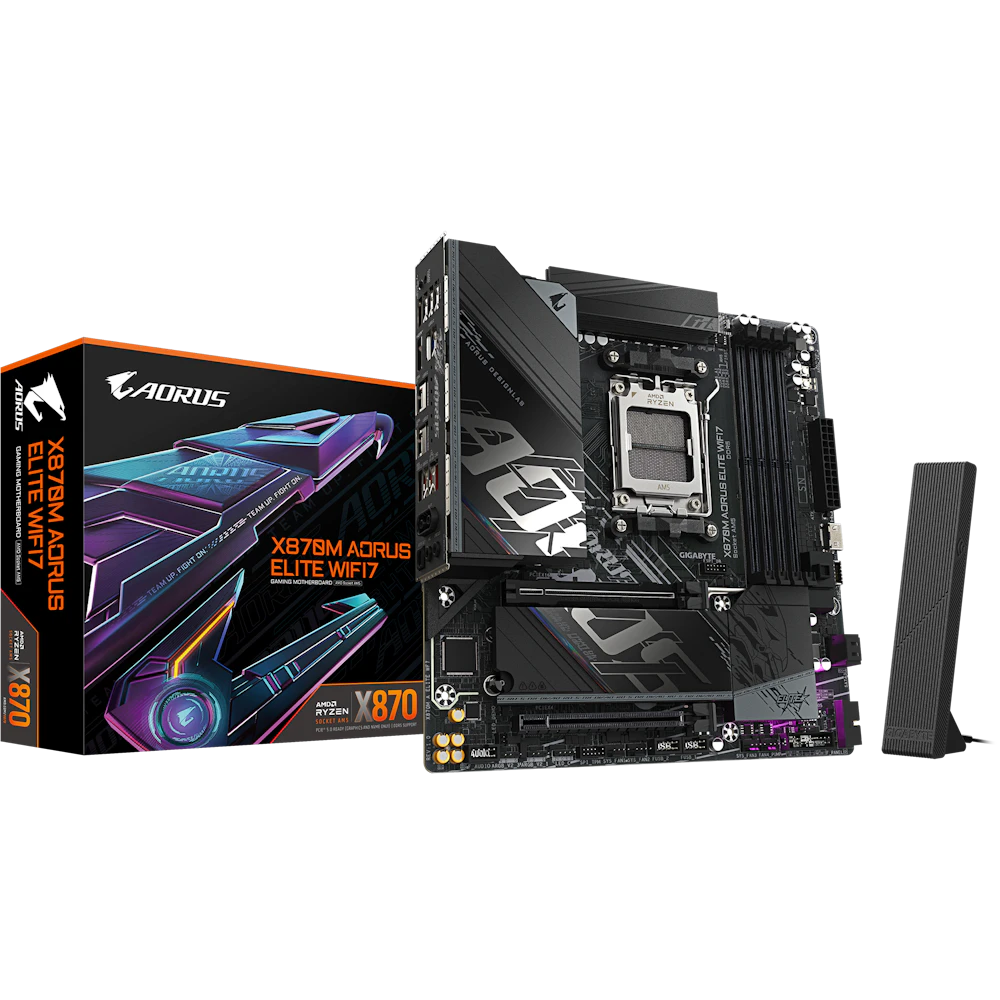 A large main feature product image of Gigabyte X870M Aorus Elite WiFi7 AM5 mATX Desktop Motherboard