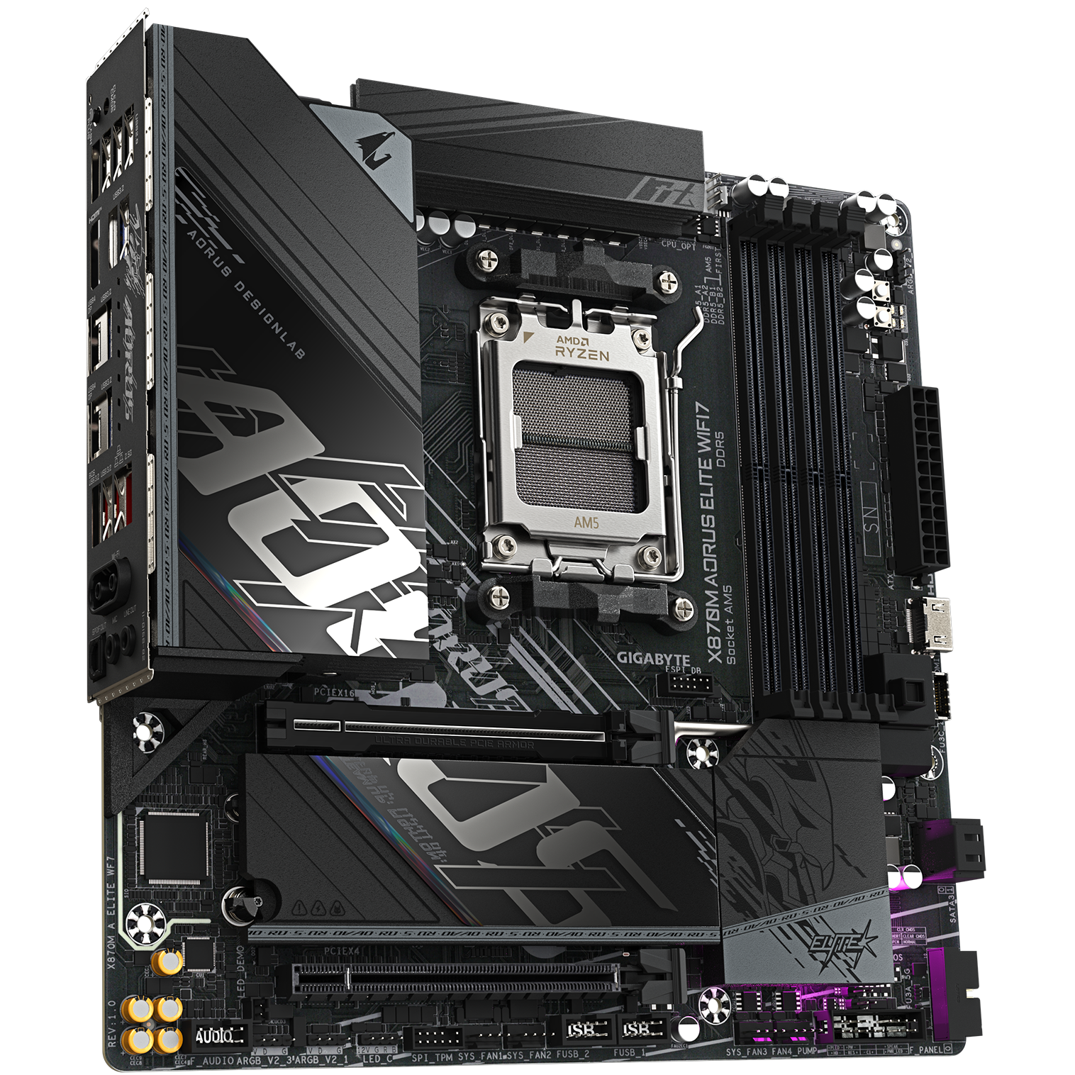 A large main feature product image of Gigabyte X870M Aorus Elite WiFi7 AM5 mATX Desktop Motherboard