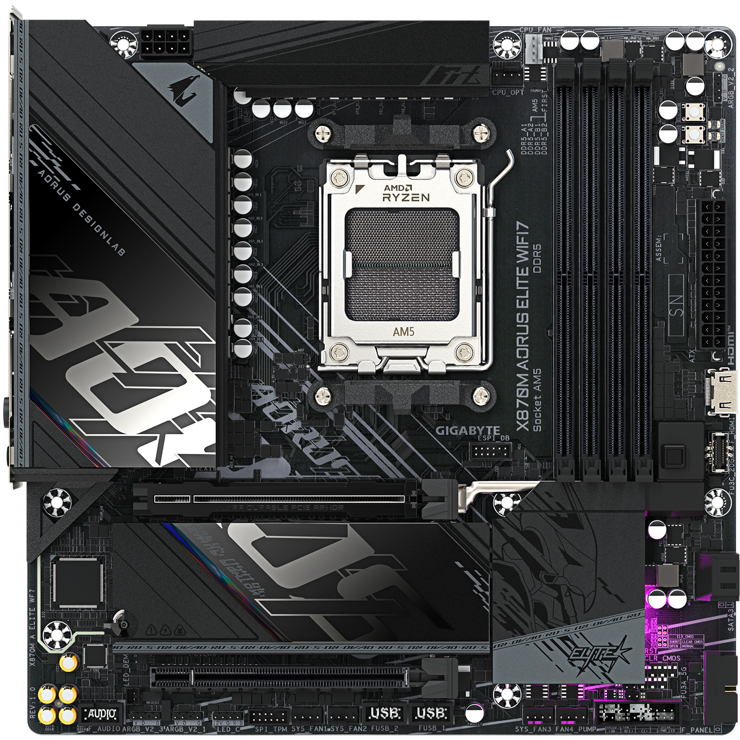 A large main feature product image of Gigabyte X870M Aorus Elite WiFi7 AM5 mATX Desktop Motherboard