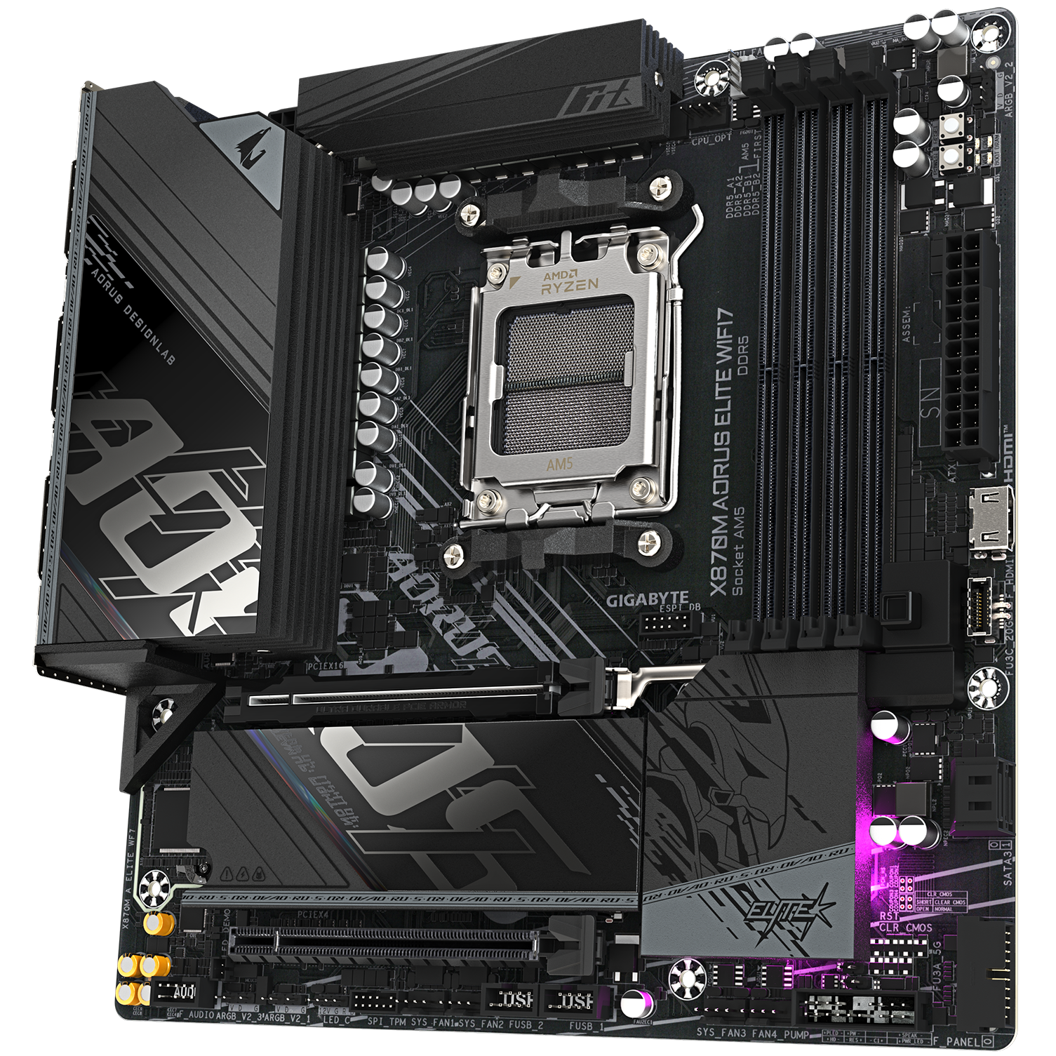 A large main feature product image of Gigabyte X870M Aorus Elite WiFi7 AM5 mATX Desktop Motherboard