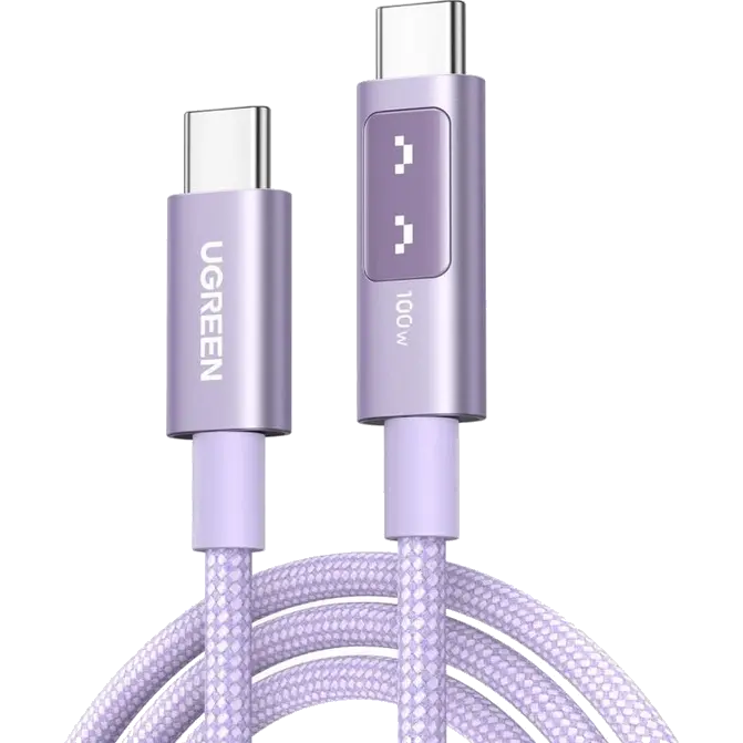 A large main feature product image of UGREEN Uno USB 2.0 Type-C to Type-C 100W PD Braided Cable with LED Display - Purple (1m)