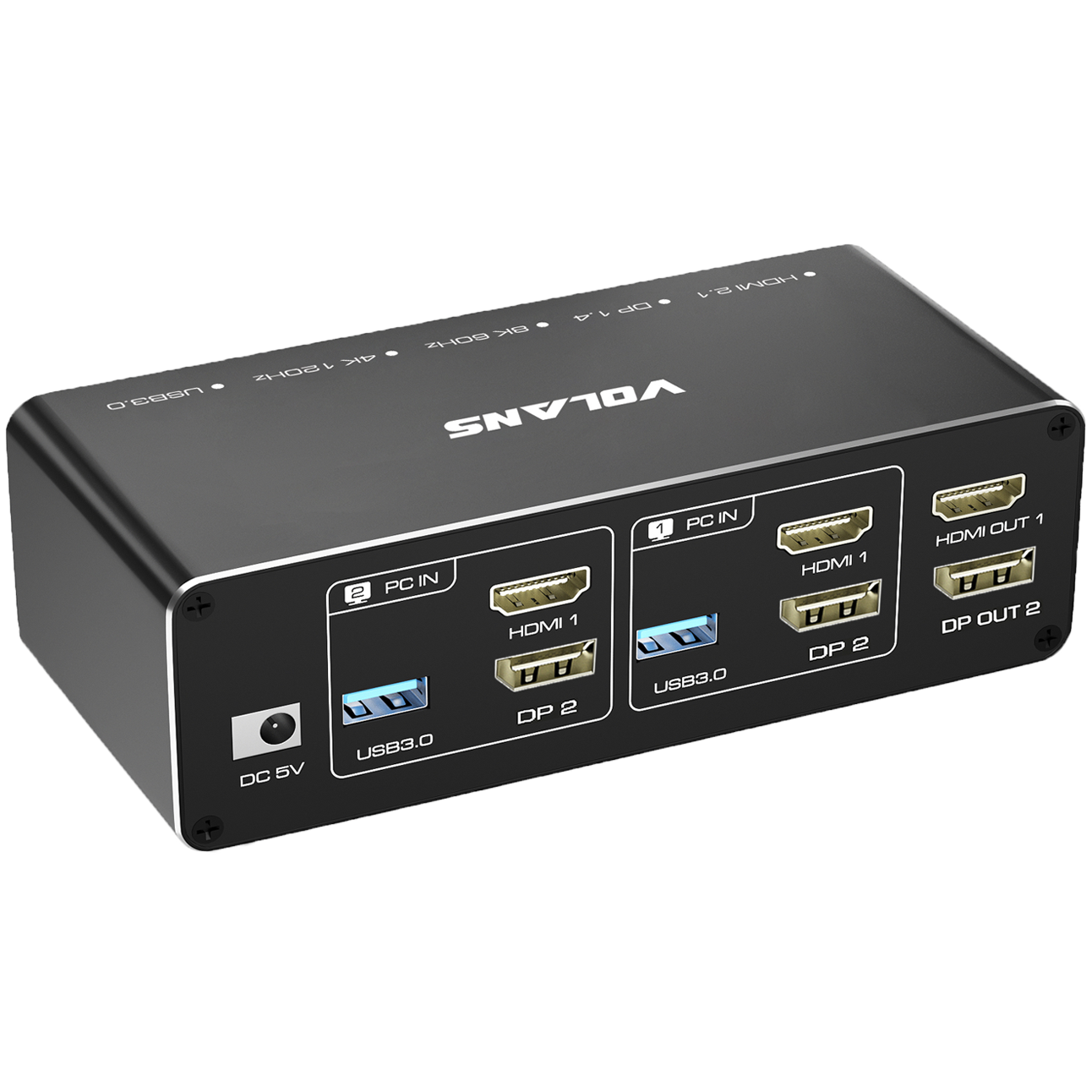 A large main feature product image of Volans HDMI and DP Dual Monitor (8K@60Hz) KVM Switch with 4xUSB3.0