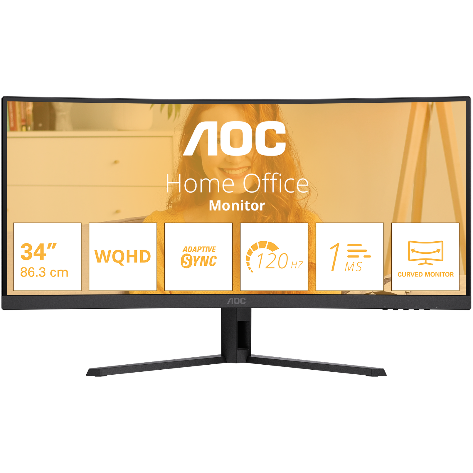 A large main feature product image of AOC CU34B3E - 34" Curved 3K  Ultrawide 120Hz VA Monitor