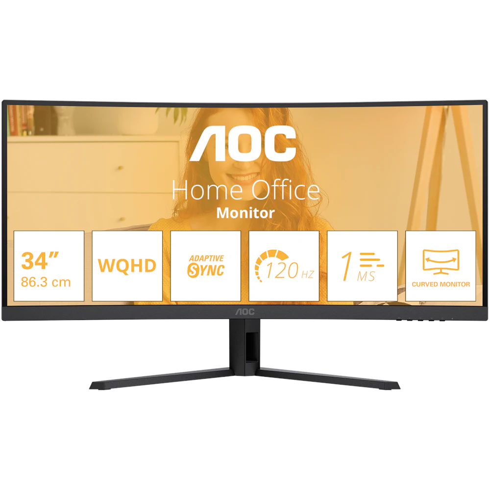 A large main feature product image of AOC CU34B3E - 34" Curved 3K Ultrawide 120Hz VA Monitor