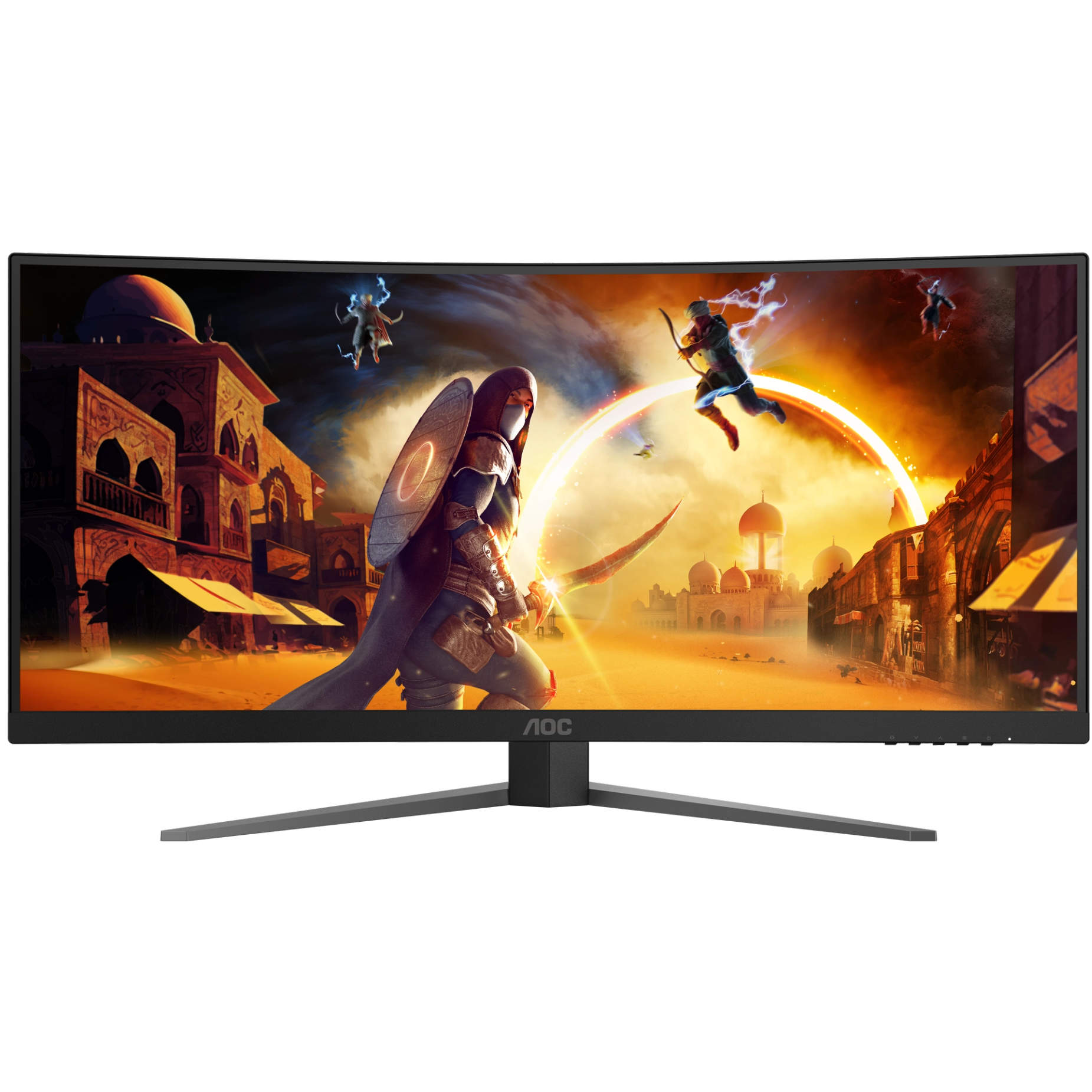 A large main feature product image of AOC AGON CU34G4H - 34" Curved 3K 1440p 200Hz 0.3ms Fast VA Gaming Monitor
