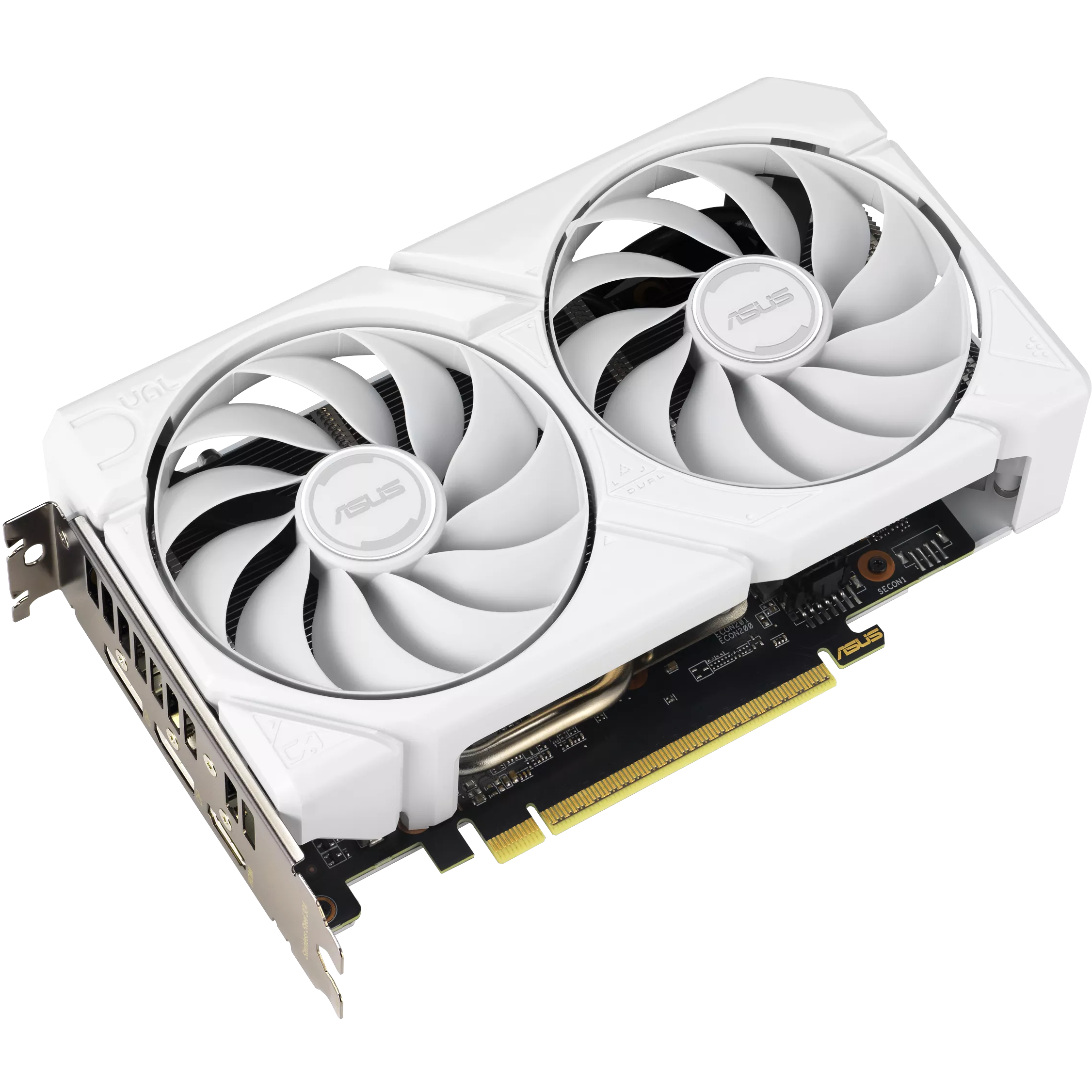 A large main feature product image of ASUS Radeon RX 9060 XT Dual 16GB GDDR6 - White
