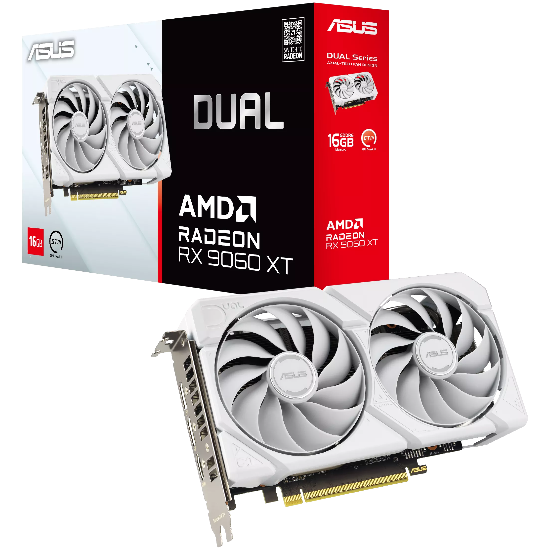 A large main feature product image of ASUS Radeon RX 9060 XT Dual 16GB GDDR6 - White