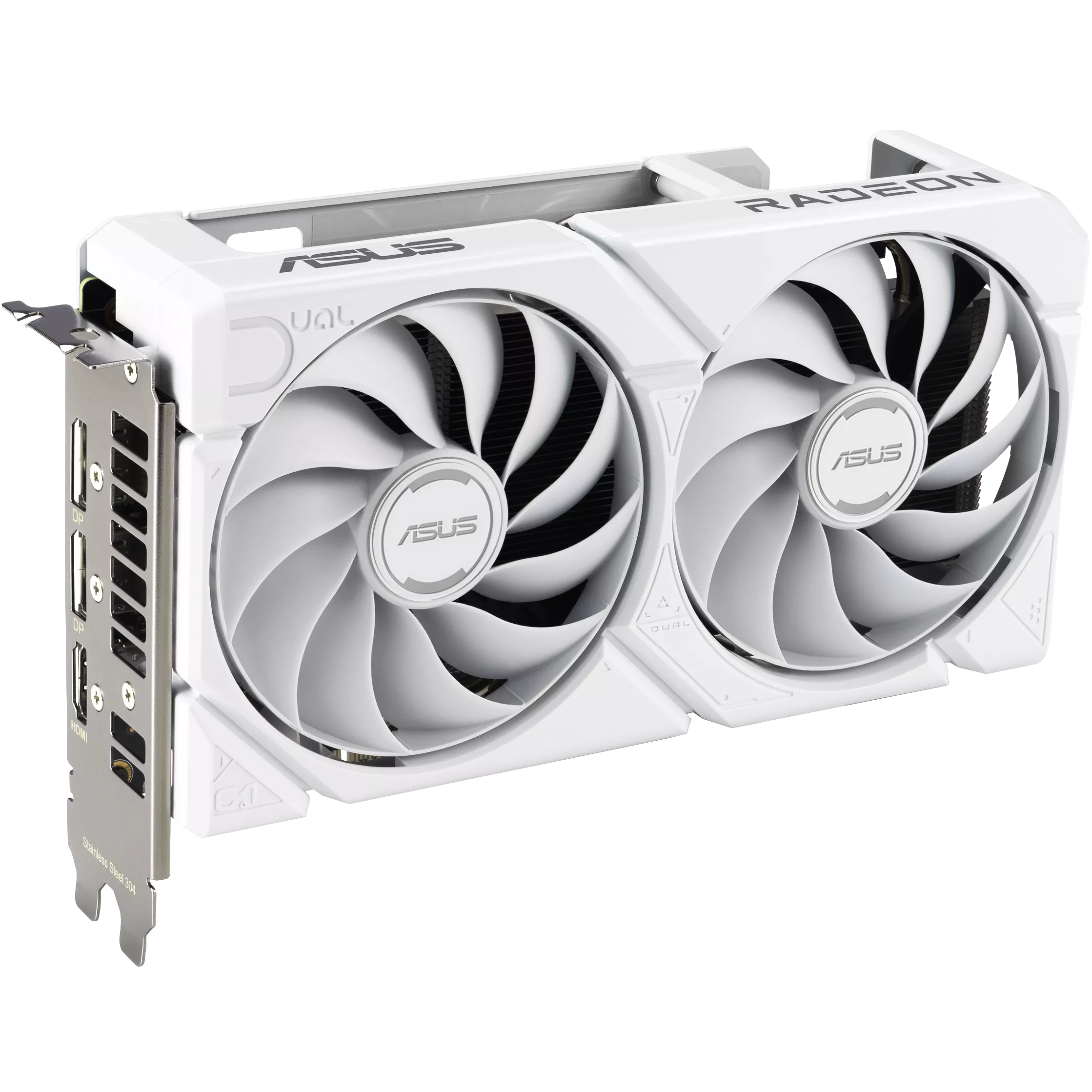 A large main feature product image of ASUS Radeon RX 9060 XT Dual 16GB GDDR6 - White
