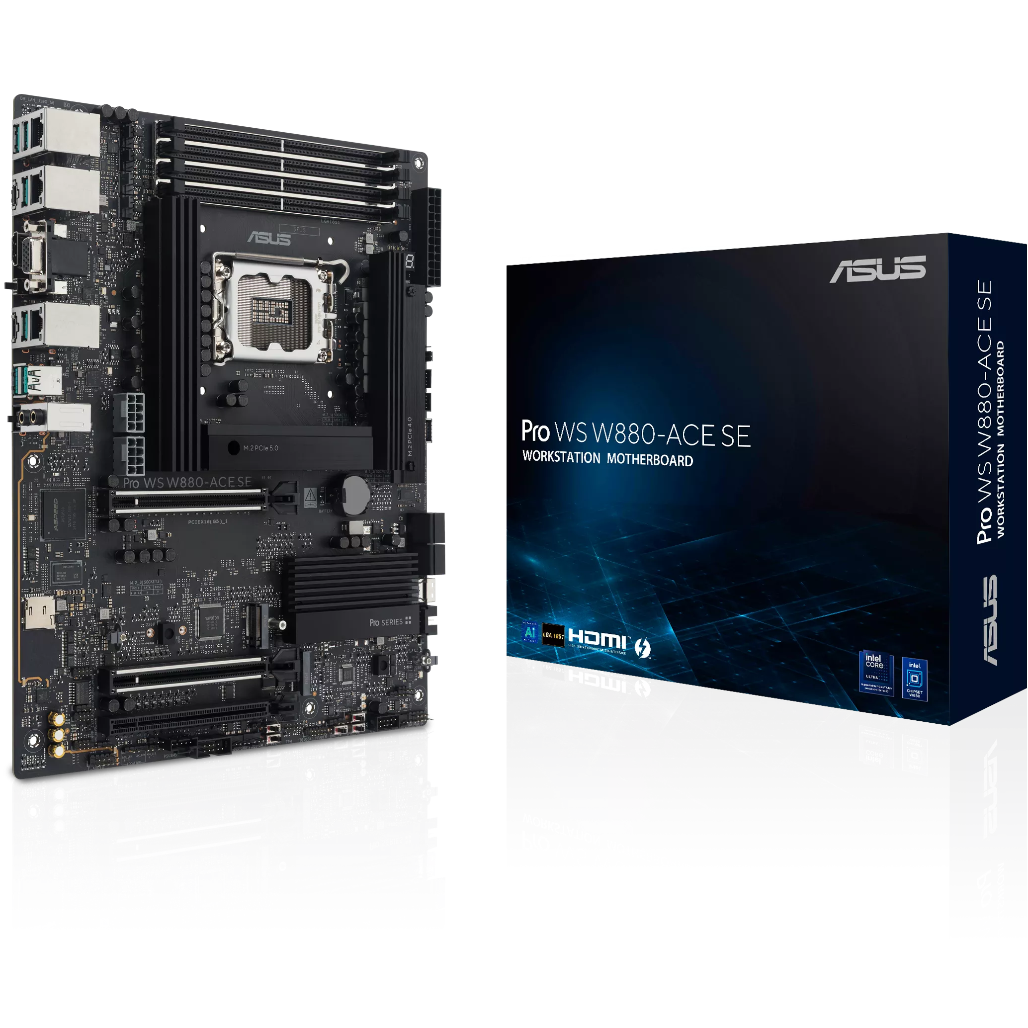 A large main feature product image of ASUS PRO WS W880-ACE SE LGA1851 ATX Desktop Motherboard