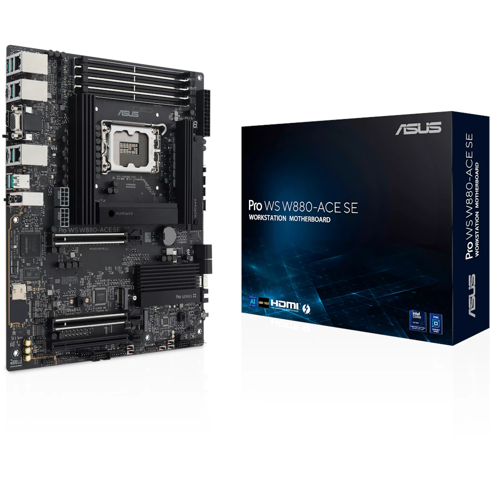 A large main feature product image of ASUS PRO WS W880-ACE SE LGA1851 ATX Desktop Motherboard
