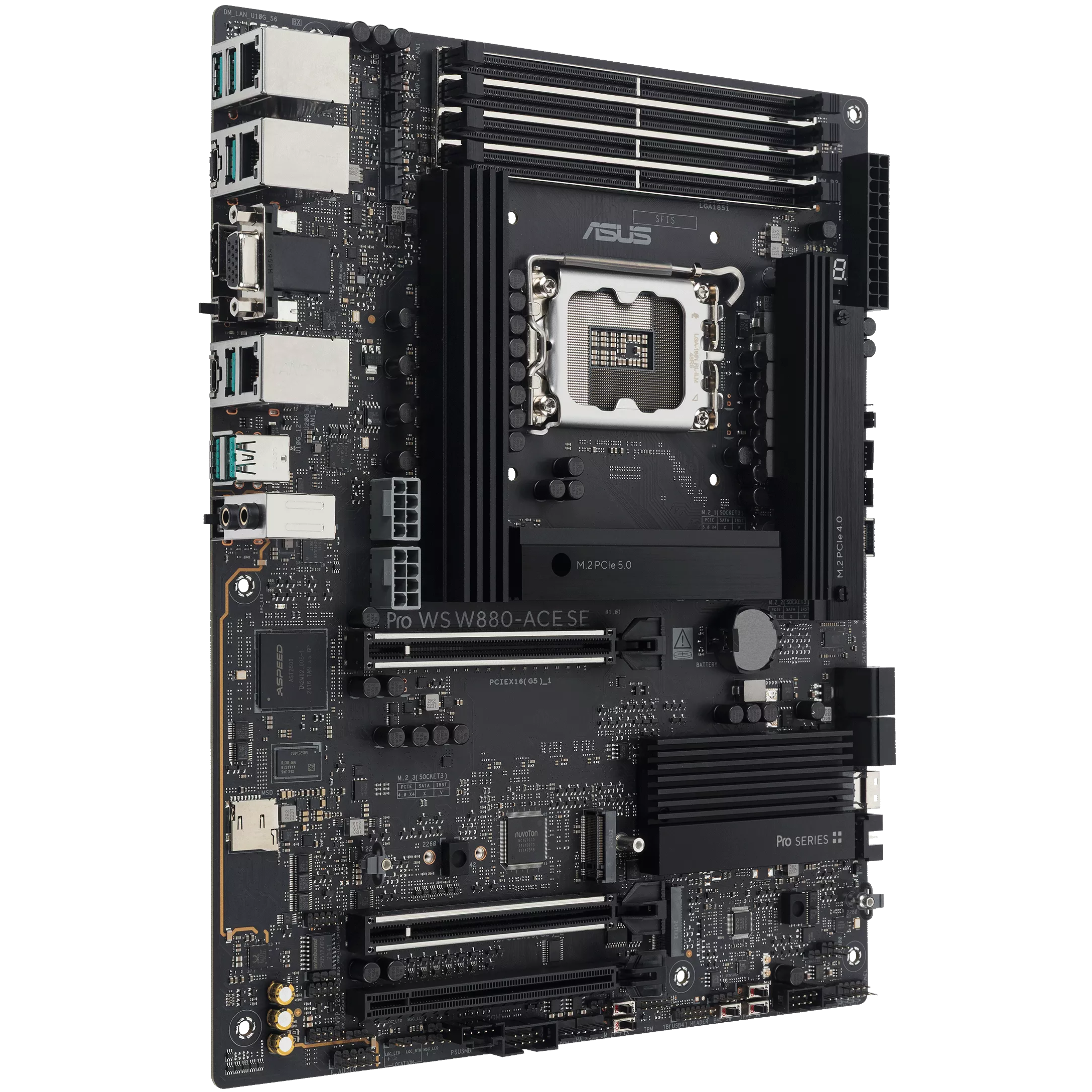 A large main feature product image of ASUS PRO WS W880-ACE SE LGA1851 ATX Desktop Motherboard
