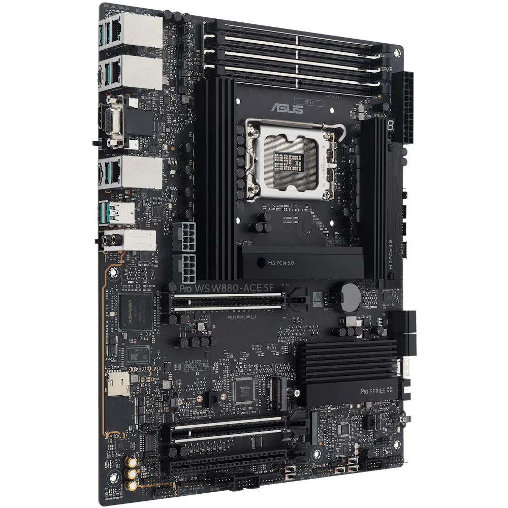 A large main feature product image of ASUS PRO WS W880-ACE SE LGA1851 ATX Desktop Motherboard
