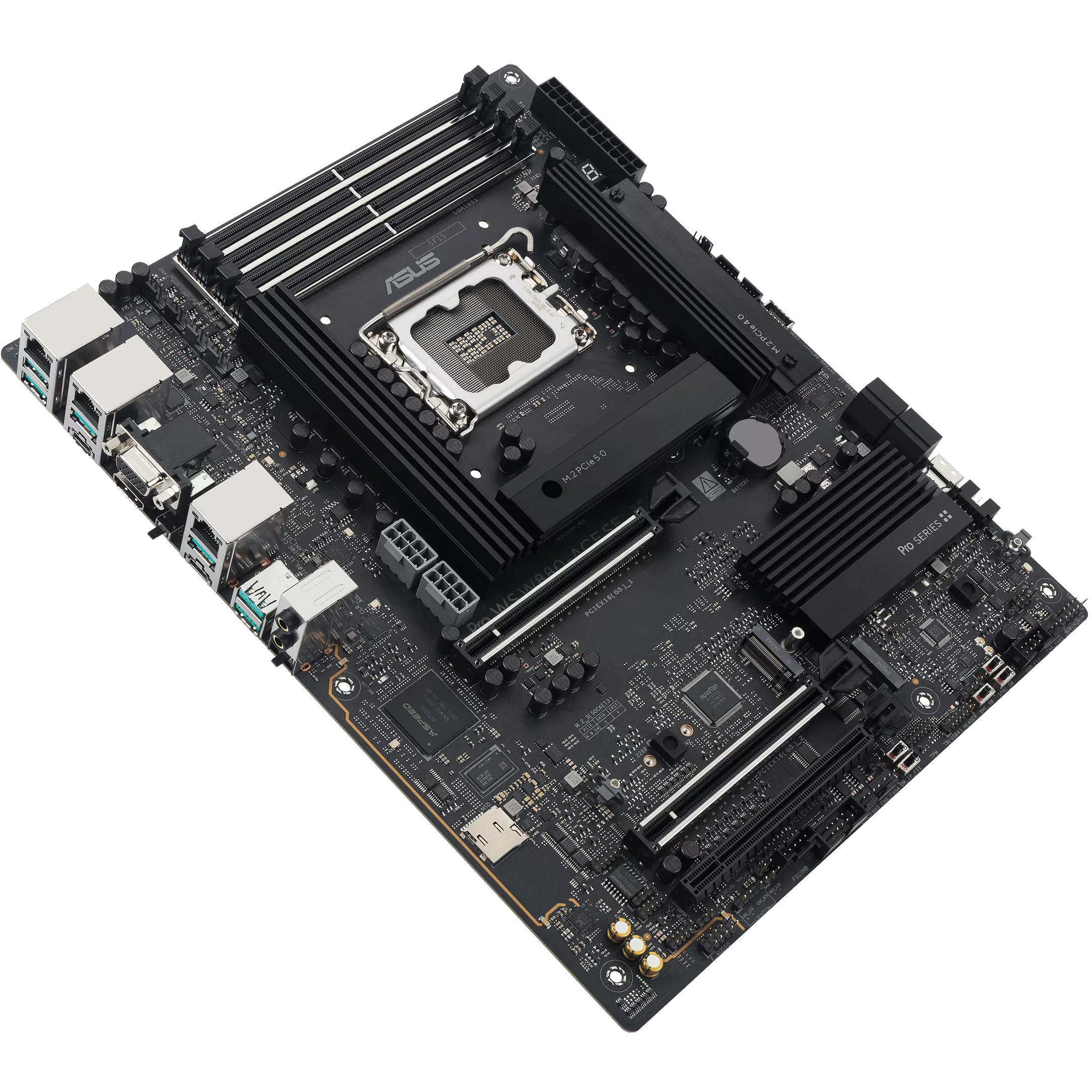 A large main feature product image of ASUS PRO WS W880-ACE SE LGA1851 ATX Desktop Motherboard
