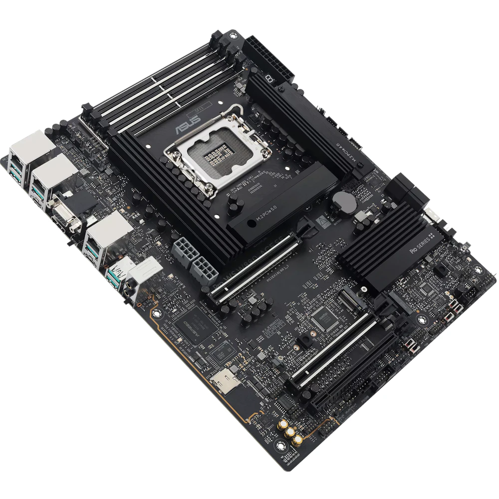 A large main feature product image of ASUS PRO WS W880-ACE SE LGA1851 ATX Desktop Motherboard