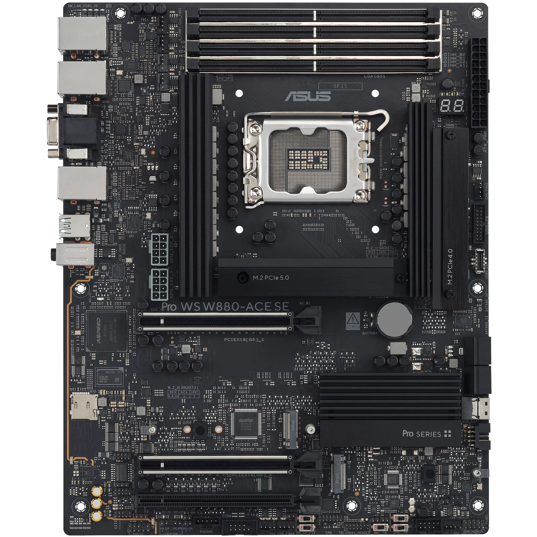 A large main feature product image of ASUS PRO WS W880-ACE SE LGA1851 ATX Desktop Motherboard