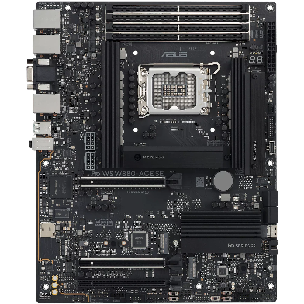 A large main feature product image of ASUS PRO WS W880-ACE SE LGA1851 ATX Desktop Motherboard