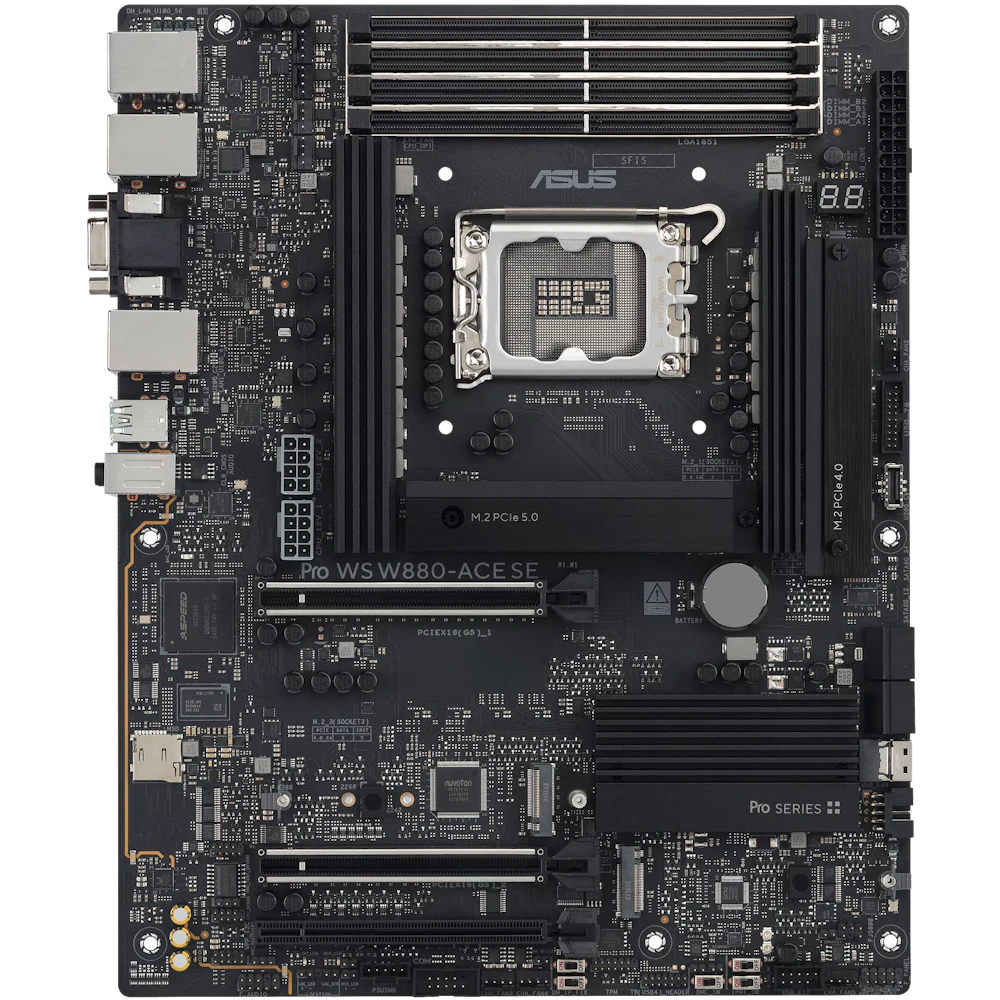 A large main feature product image of ASUS PRO WS W880-ACE SE LGA1851 ATX Desktop Motherboard