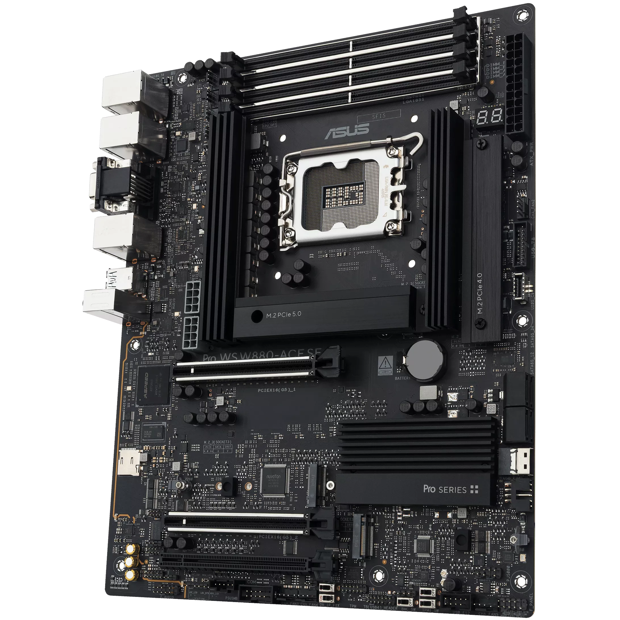 A large main feature product image of ASUS PRO WS W880-ACE SE LGA1851 ATX Desktop Motherboard
