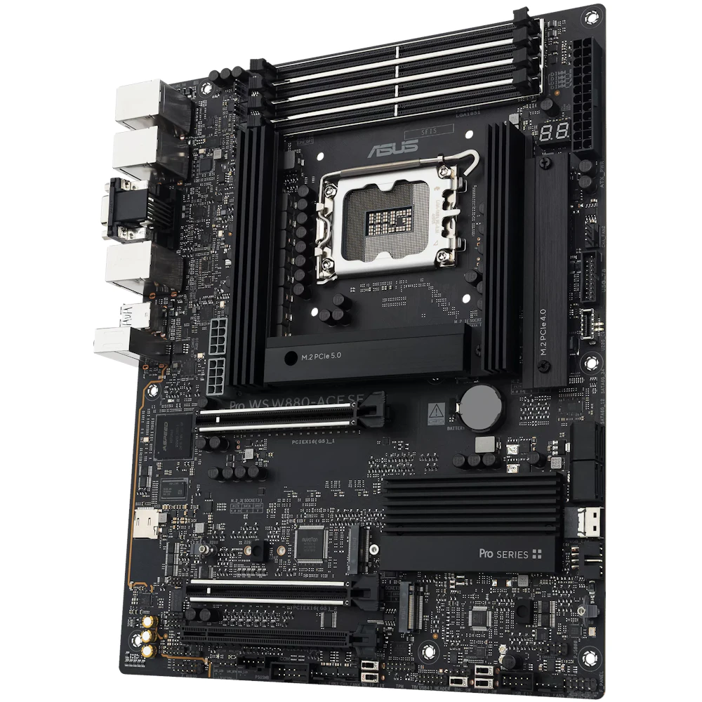 A large main feature product image of ASUS PRO WS W880-ACE SE LGA1851 ATX Desktop Motherboard