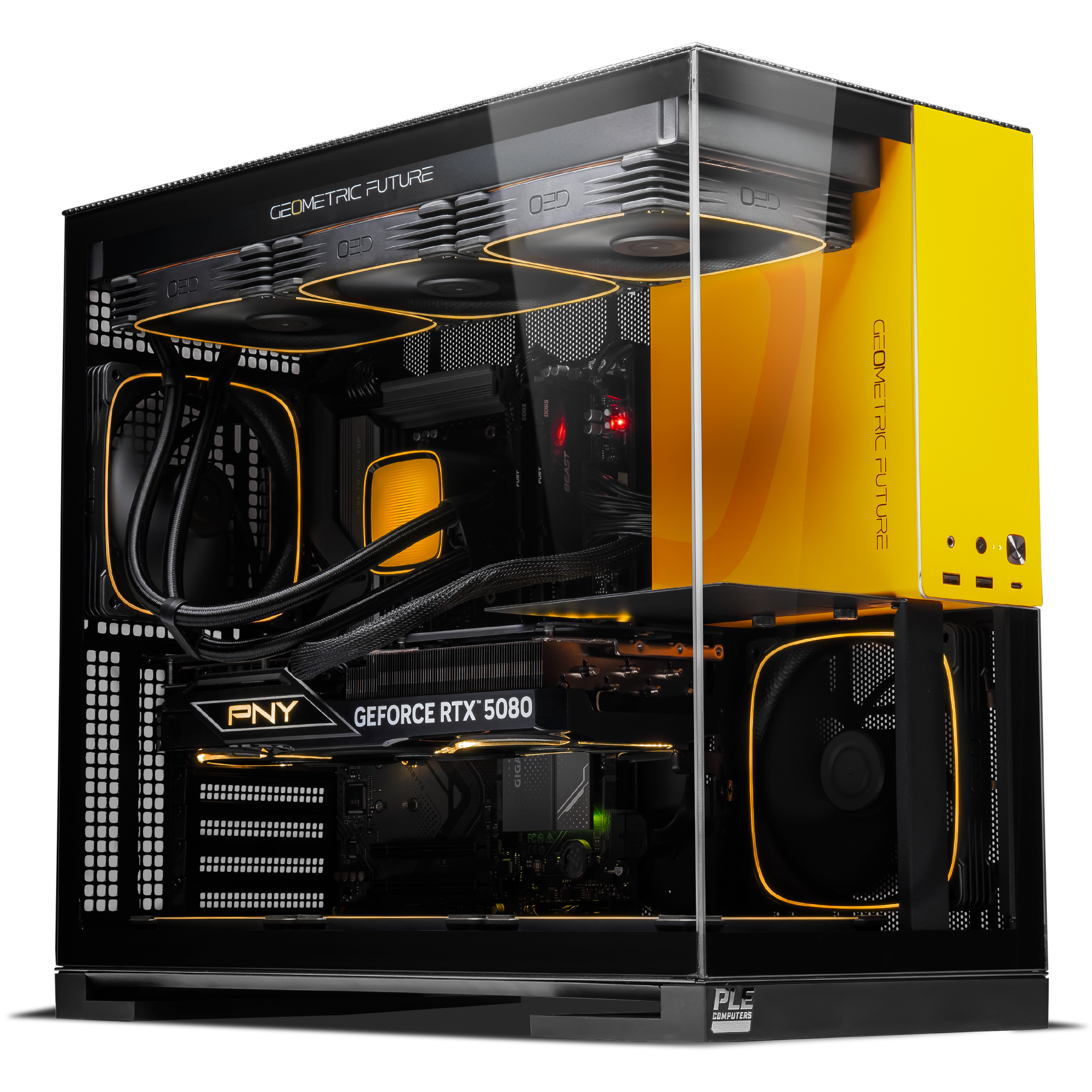 A large main feature product image of PLE Helios RTX 5080 Prebuilt Ready To Go Gaming PC