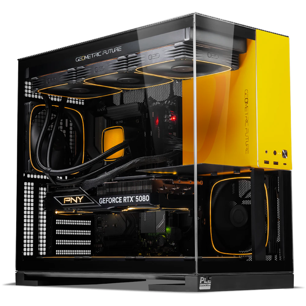 A large main feature product image of PLE Helios RTX 5080 Prebuilt Ready To Go Gaming PC