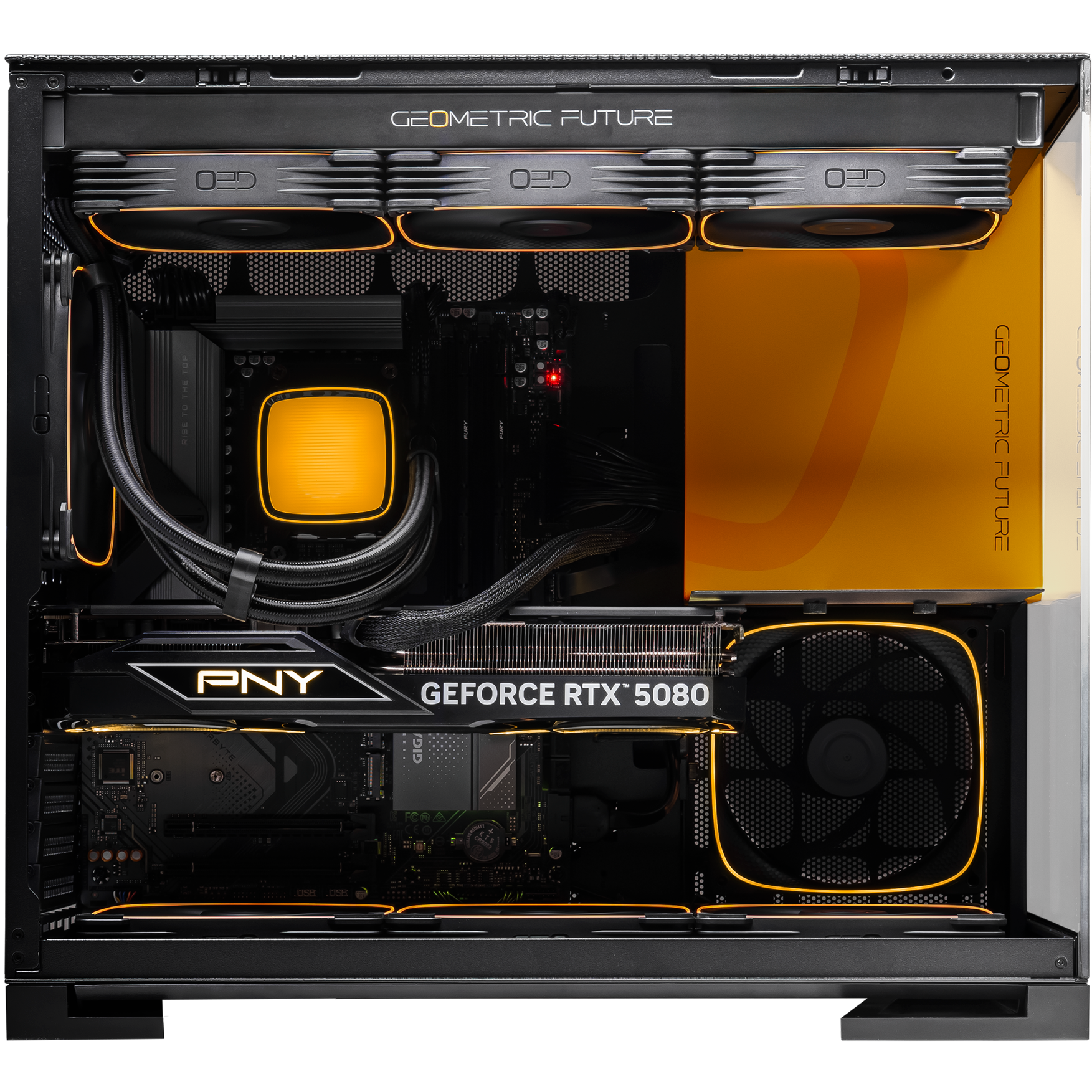 A large main feature product image of PLE Helios RTX 5080 Prebuilt Ready To Go Gaming PC