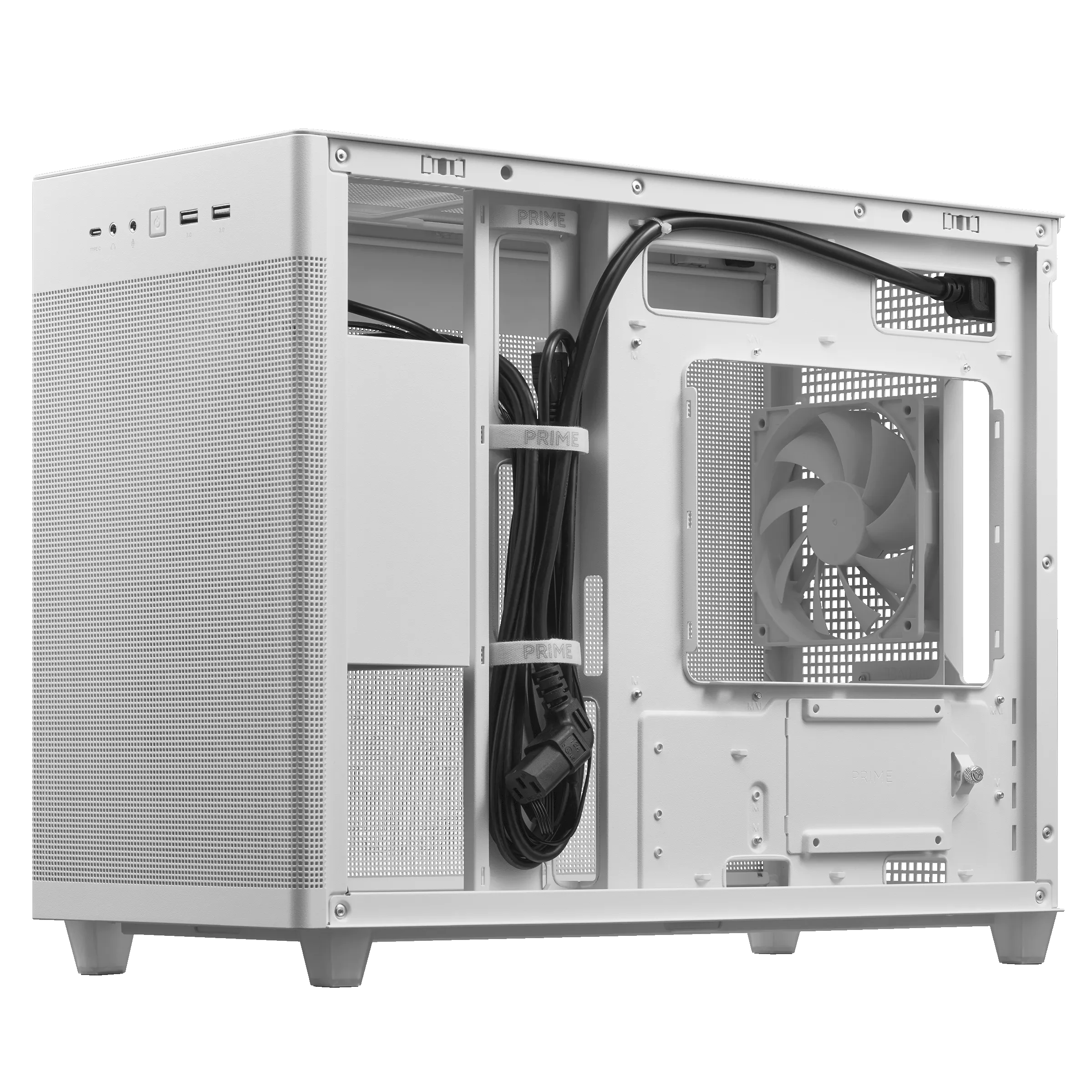 A large main feature product image of EX-DEMO ASUS PRIME AP201 Mesh Micro Tower Case - White