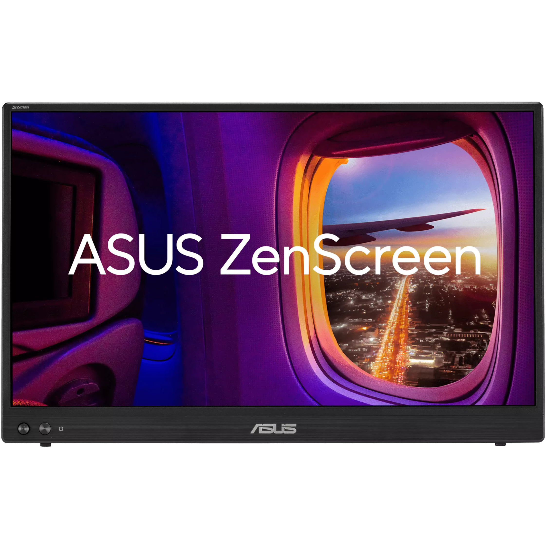 A large main feature product image of ASUS ZenScreen MB16AHVE - 16" 1080p 60Hz IPS USB-C Power Pass Through Portable Monitor