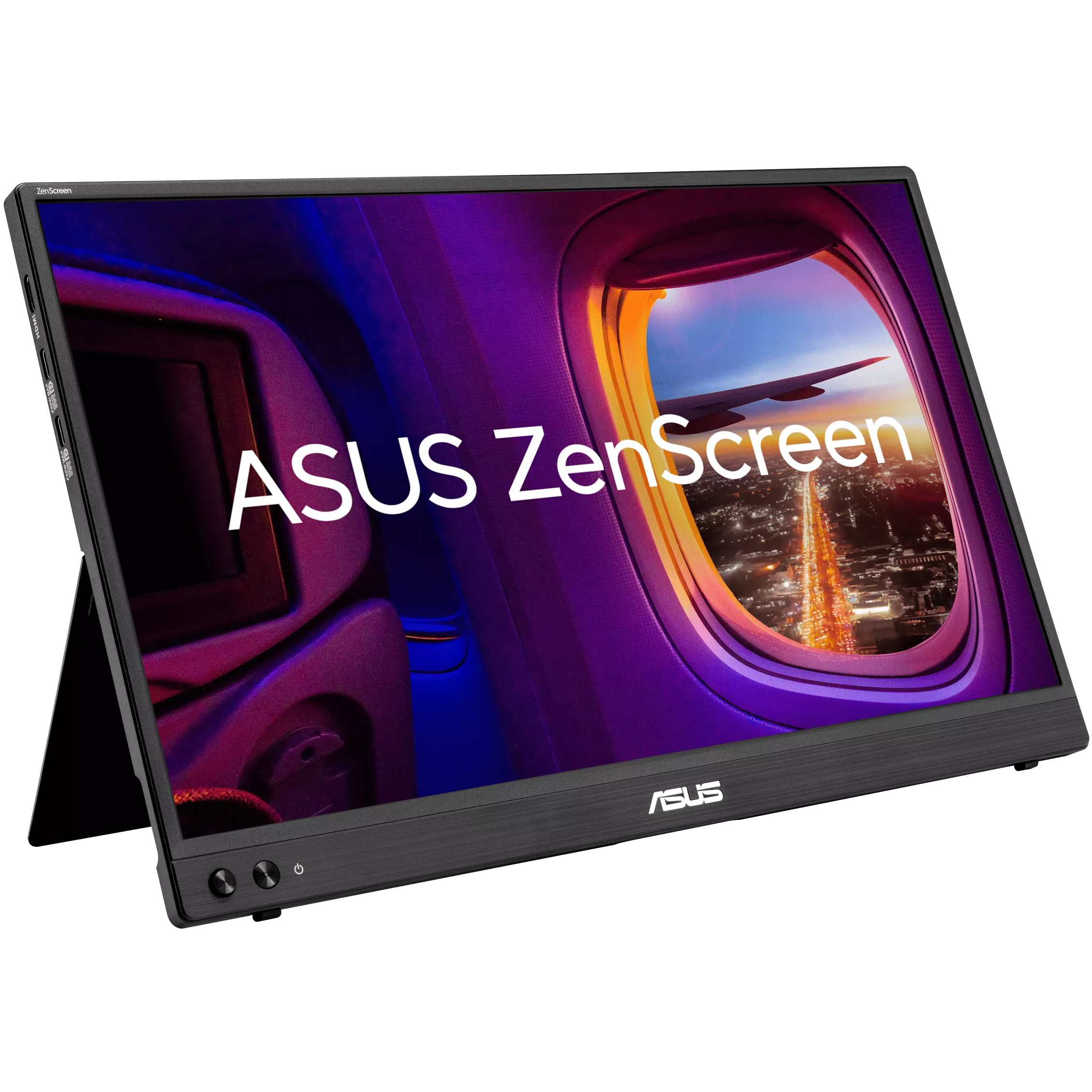 A large main feature product image of ASUS ZenScreen MB16AHVE - 16" 1080p 60Hz IPS USB-C Power Pass Through Portable Monitor