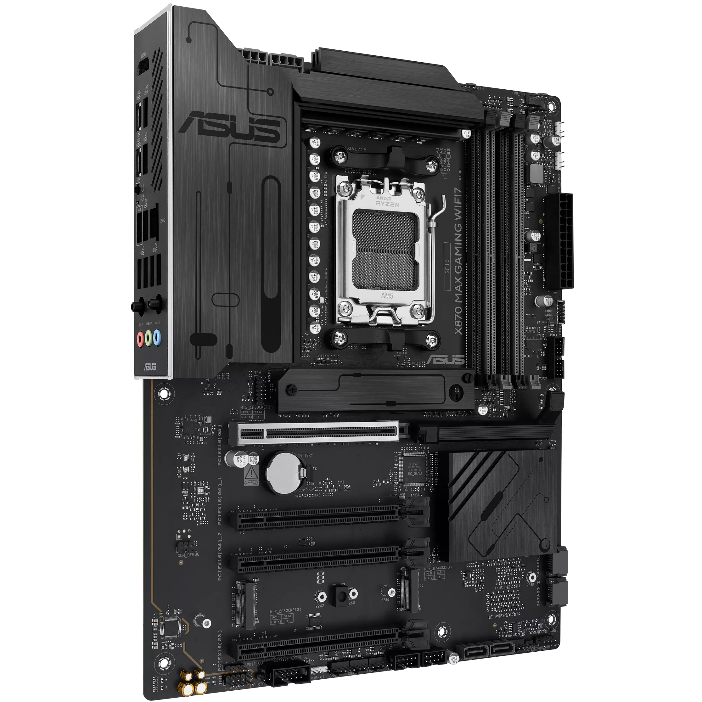 A large main feature product image of ASUS X870 MAX Gaming WiFi7 AM5 ATX Desktop Motherboard