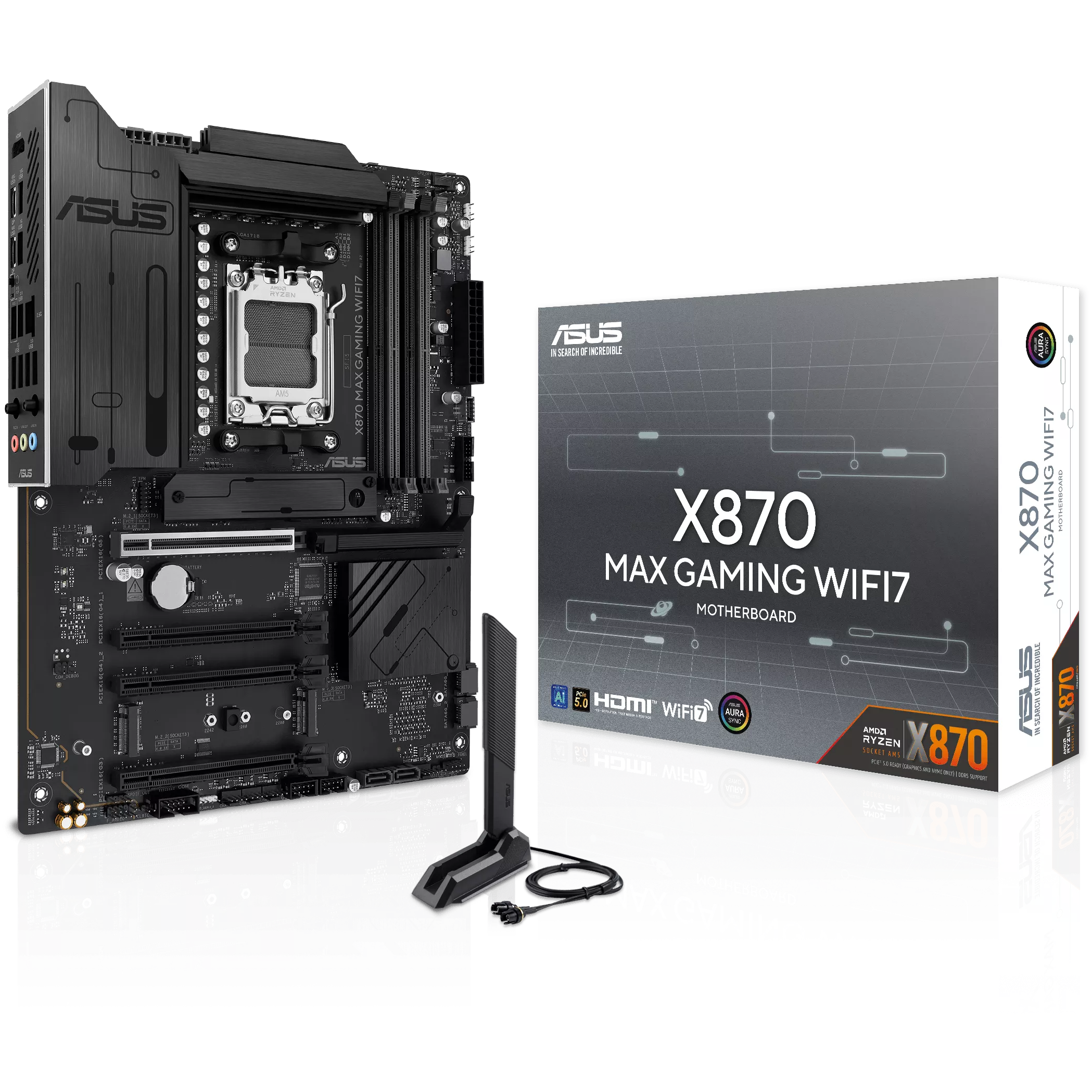 A large main feature product image of ASUS X870 MAX Gaming WiFi7 AM5 ATX Desktop Motherboard