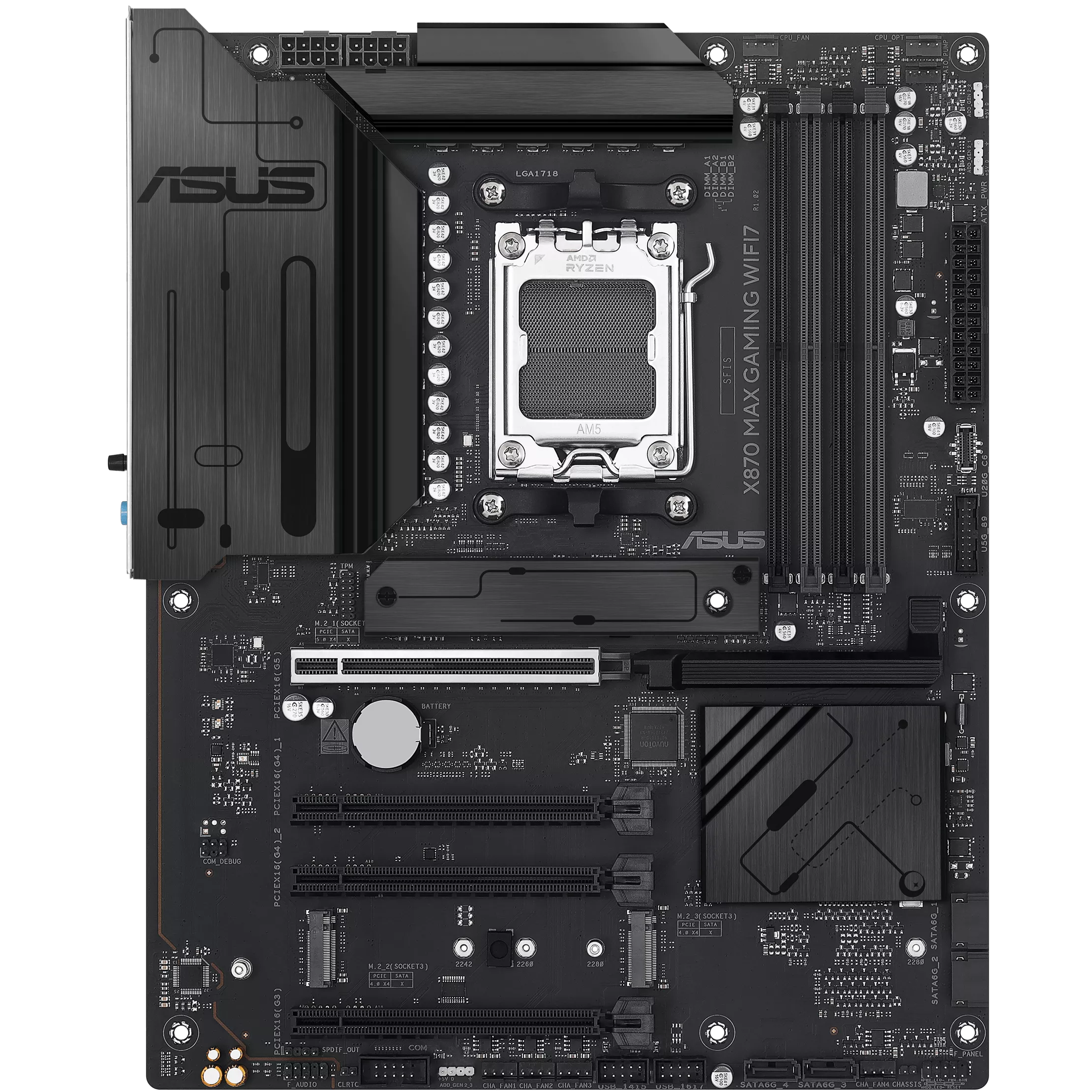 A large main feature product image of ASUS X870 MAX Gaming WiFi7 AM5 ATX Desktop Motherboard