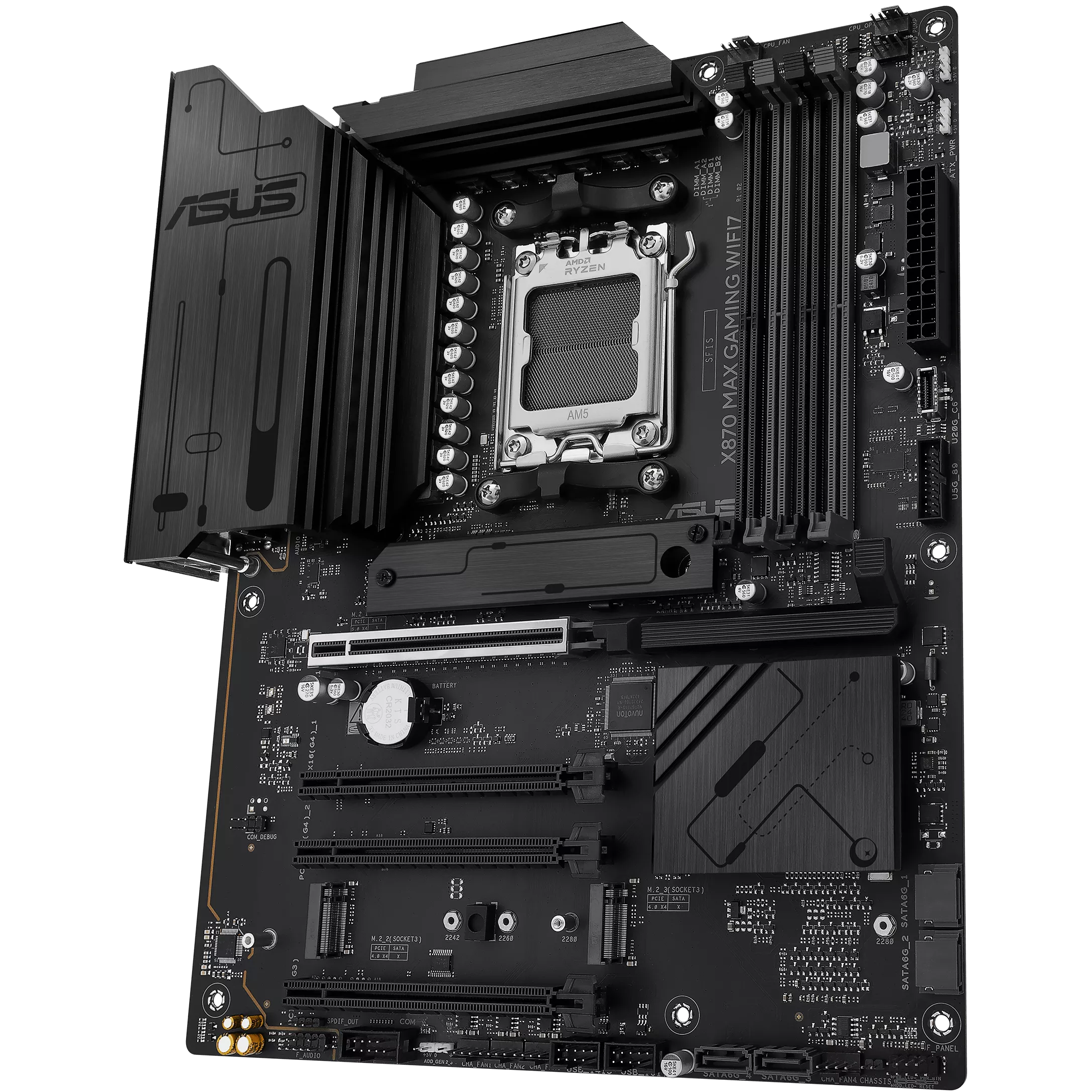 A large main feature product image of ASUS X870 MAX Gaming WiFi7 AM5 ATX Desktop Motherboard