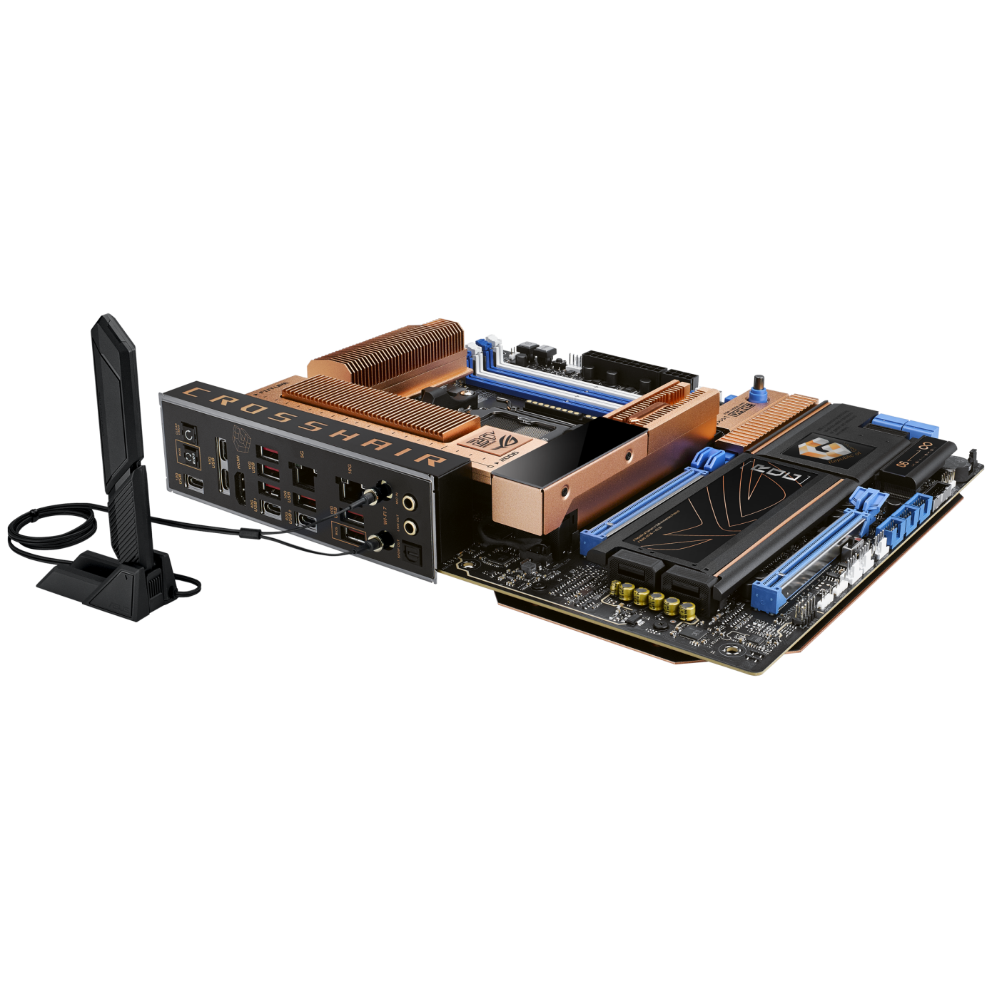 A large main feature product image of ASUS ROG Crosshair X870E 2006 AM5 ATX Desktop Motherboard