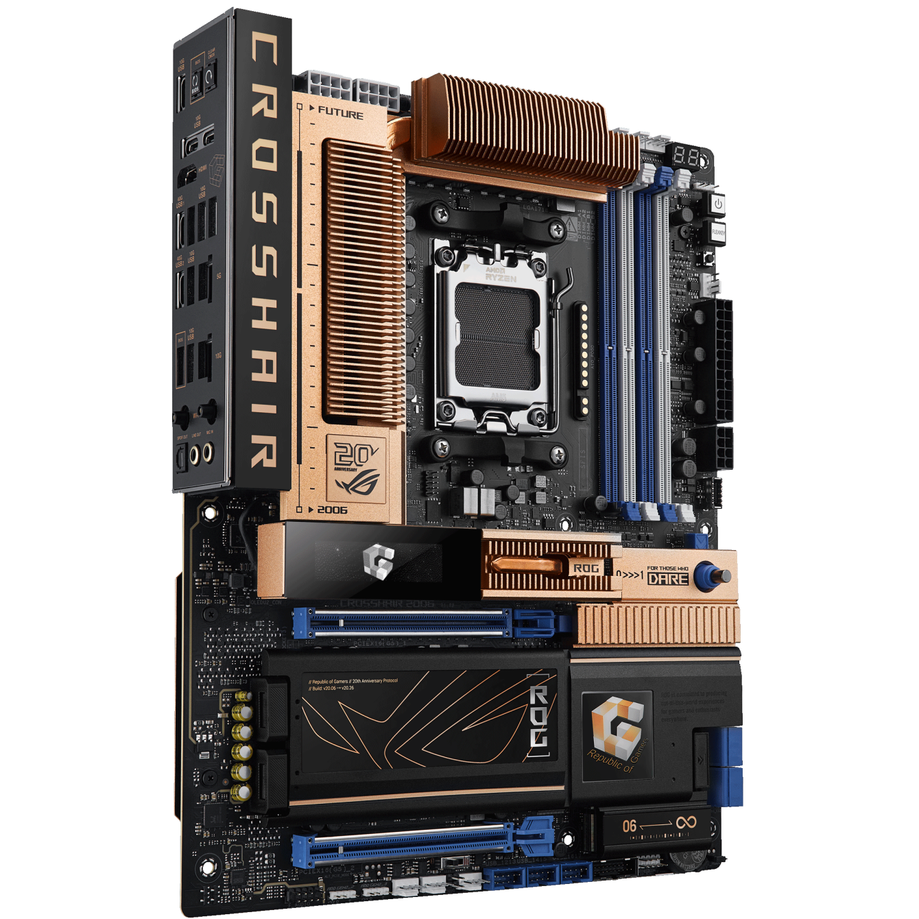 A large main feature product image of ASUS ROG Crosshair X870E 2006 AM5 ATX Desktop Motherboard