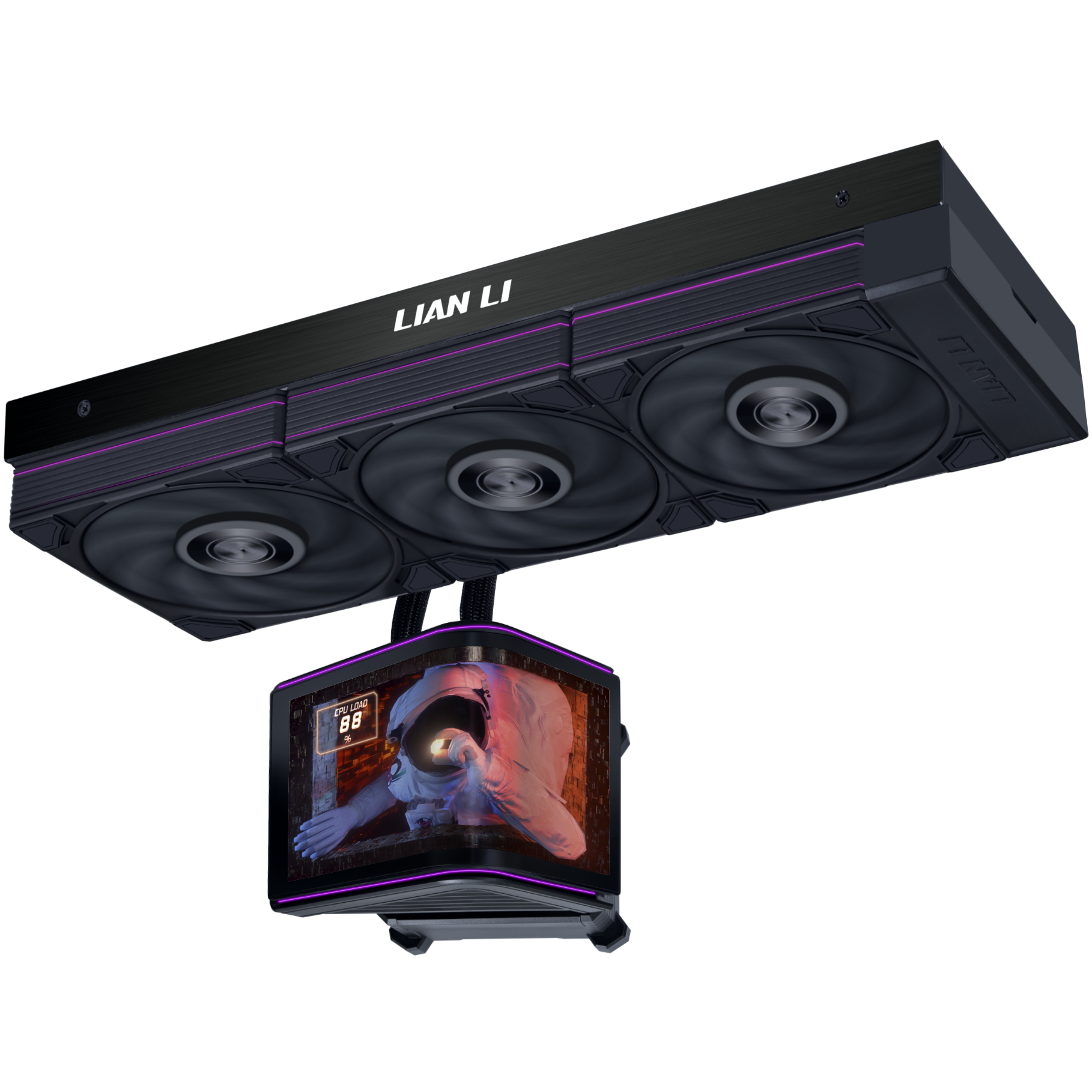 A large main feature product image of Lian Li HydroShift II OLED Curved 360P28 - 360mm AIO Liquid CPU Cooler (Black)