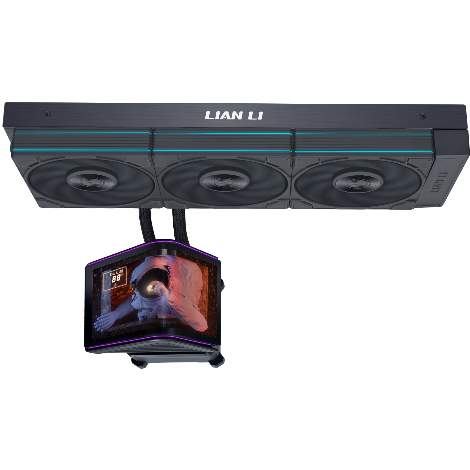 A large main feature product image of Lian Li HydroShift II OLED Curved 360P28 - 360mm AIO Liquid CPU Cooler (Black)