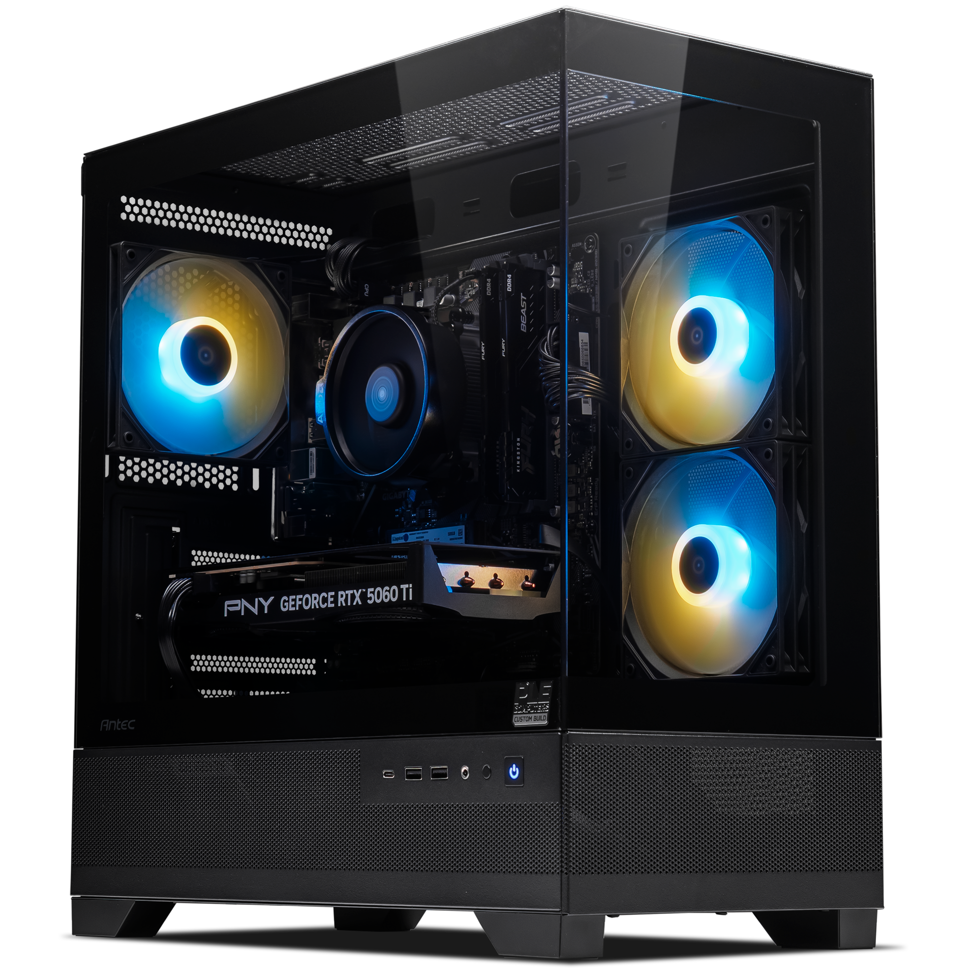 A large main feature product image of PLE Valkyrie RTX 5060 Ti Prebuilt Ready To Go Gaming PC
