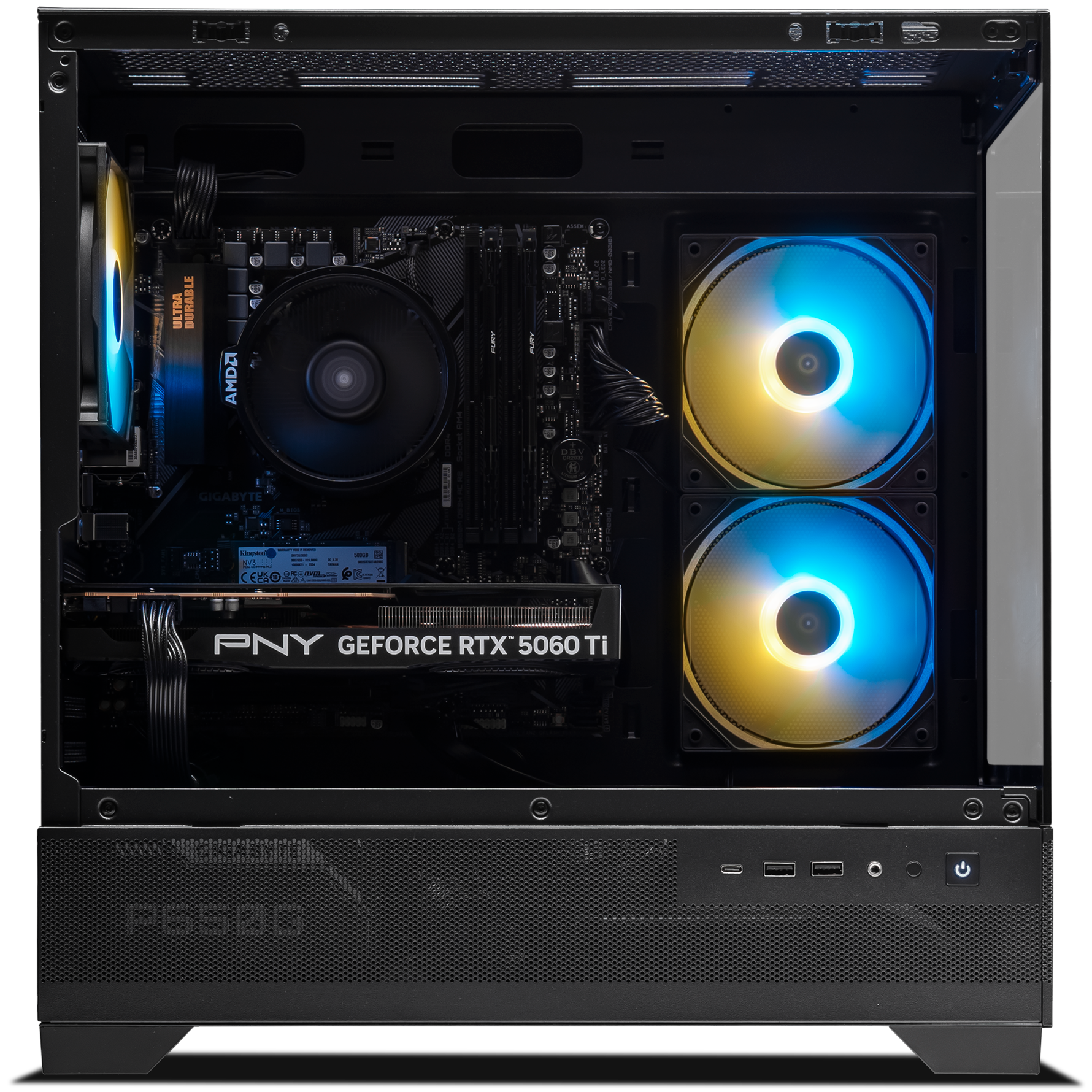 A large main feature product image of PLE Valkyrie RTX 5060 Ti Prebuilt Ready To Go Gaming PC