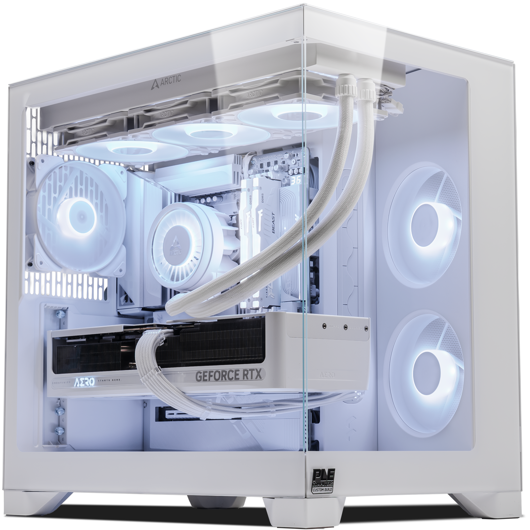 A large main feature product image of PLE Arctic RTX 5070 Ti Prebuilt Ready To Go Gaming PC