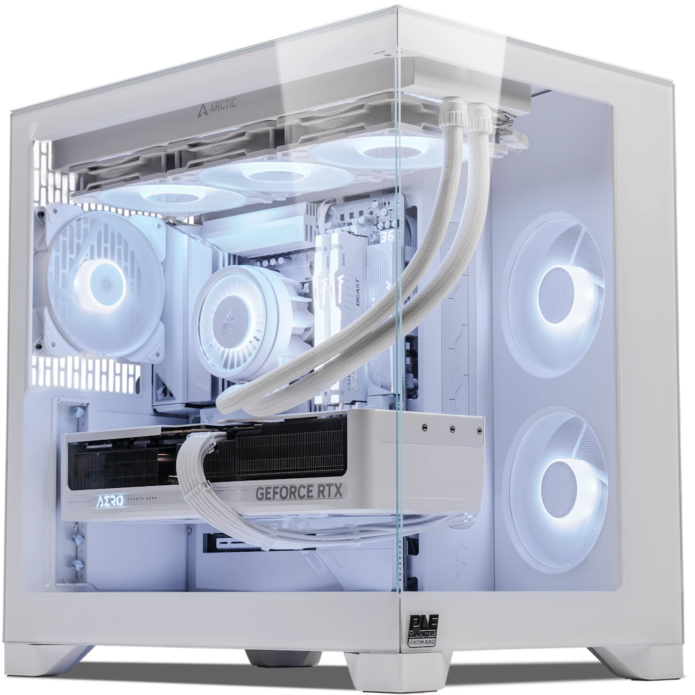 A large main feature product image of PLE Arctic RTX 5070 Ti Prebuilt Ready To Go Gaming PC