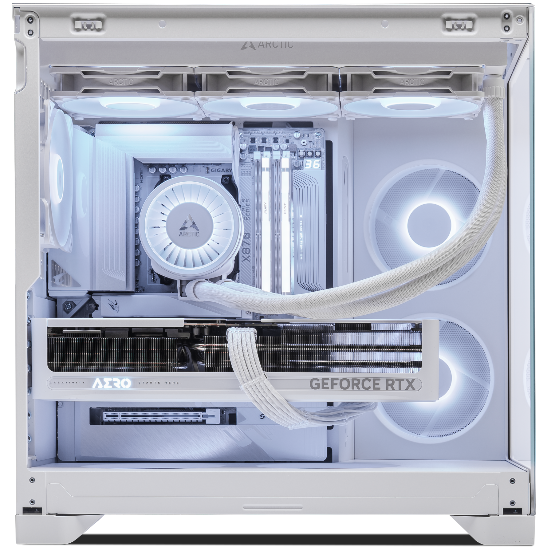 A large main feature product image of PLE Arctic RTX 5070 Ti Prebuilt Ready To Go Gaming PC