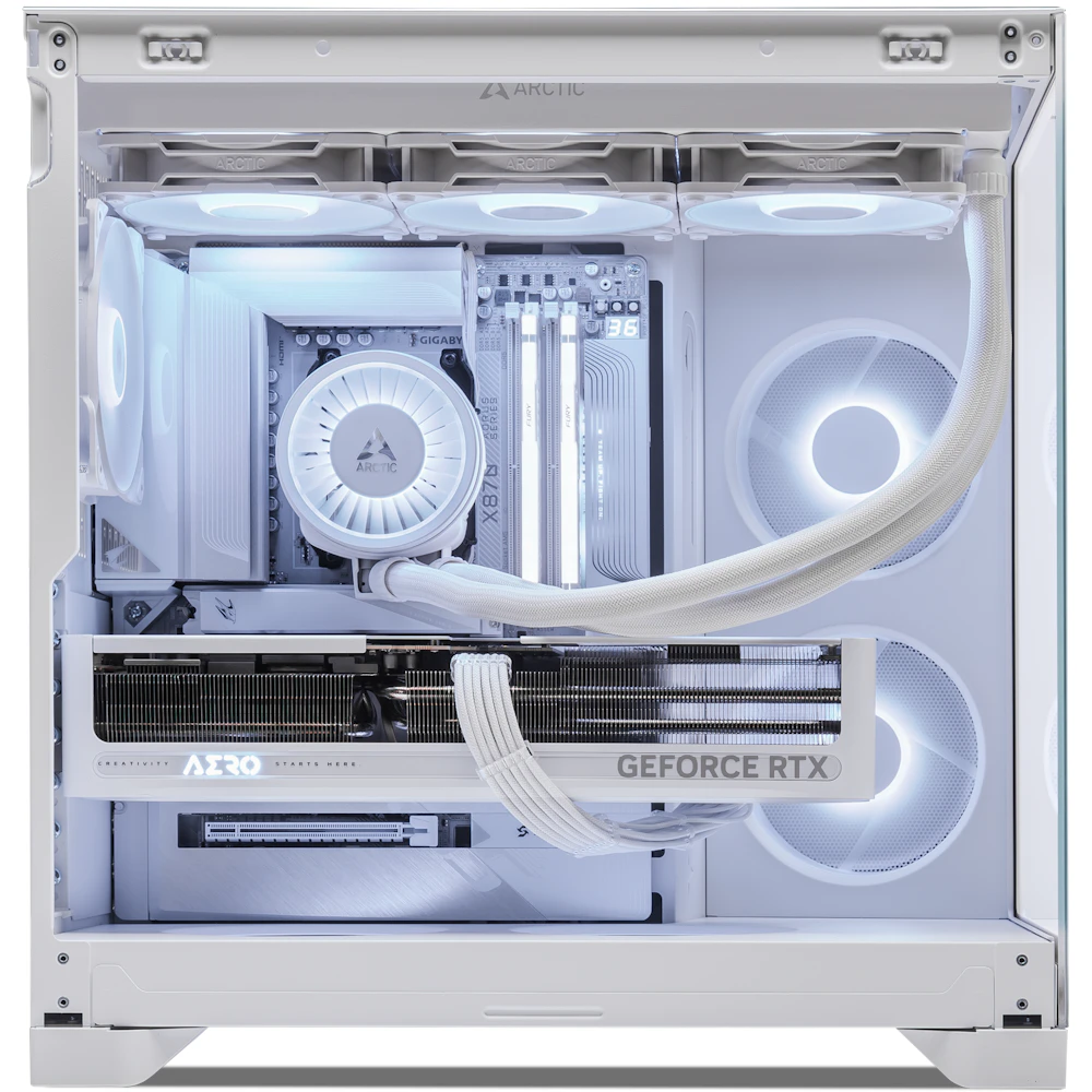 A large main feature product image of PLE Arctic RTX 5070 Ti Prebuilt Ready To Go Gaming PC