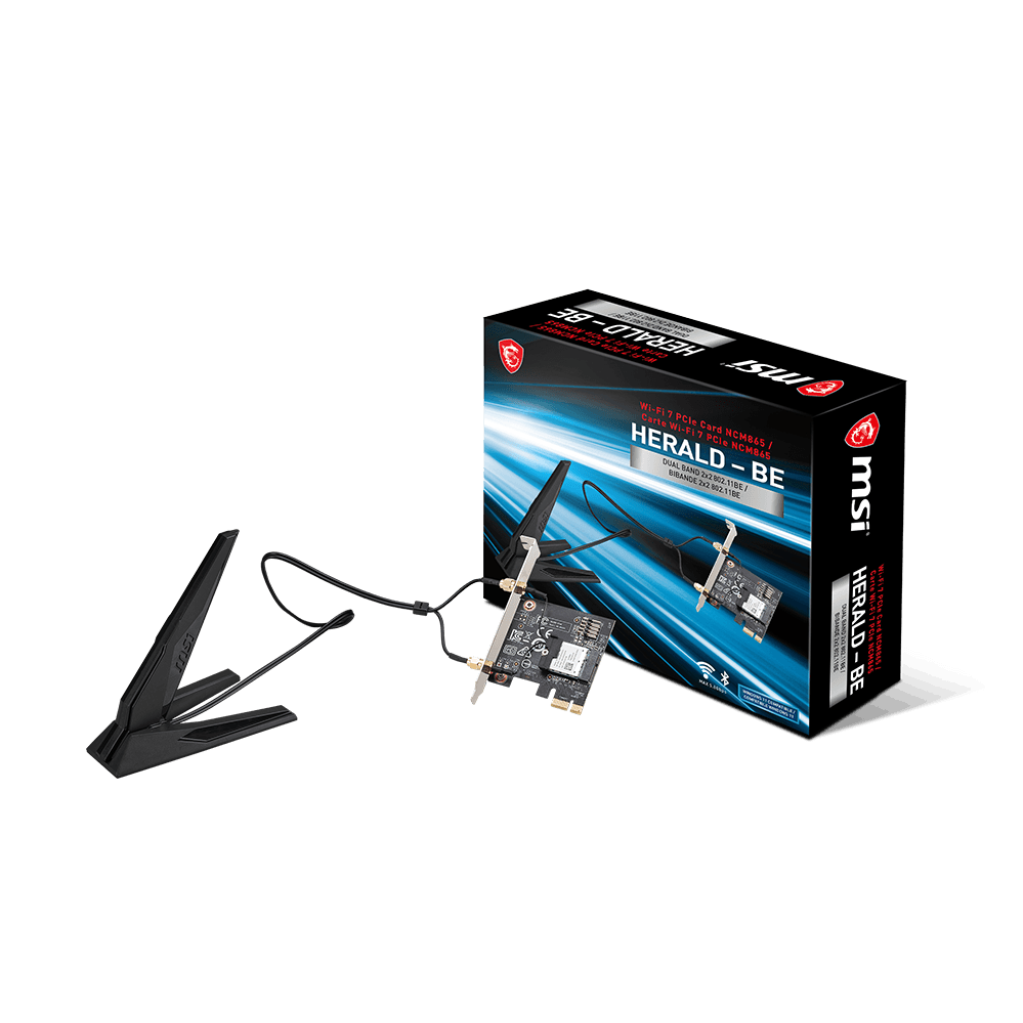 A large main feature product image of EX-DEMO MSI Herald-BE Wi-Fi 7 Bluetooth 5.4 Wireless PCIe Adapter