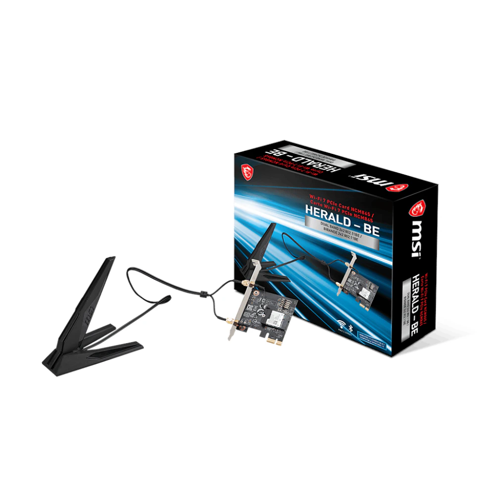 A large main feature product image of EX-DEMO MSI Herald-BE Wi-Fi 7 Bluetooth 5.4 Wireless PCIe Adapter