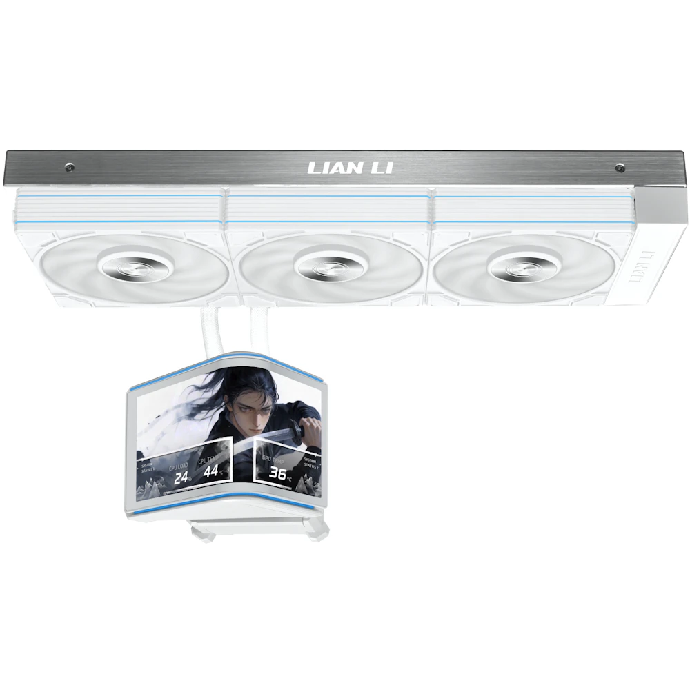 A large main feature product image of Lian Li HydroShift II OLED Curved 360P28 - 360mm AIO Liquid CPU Cooler (White)